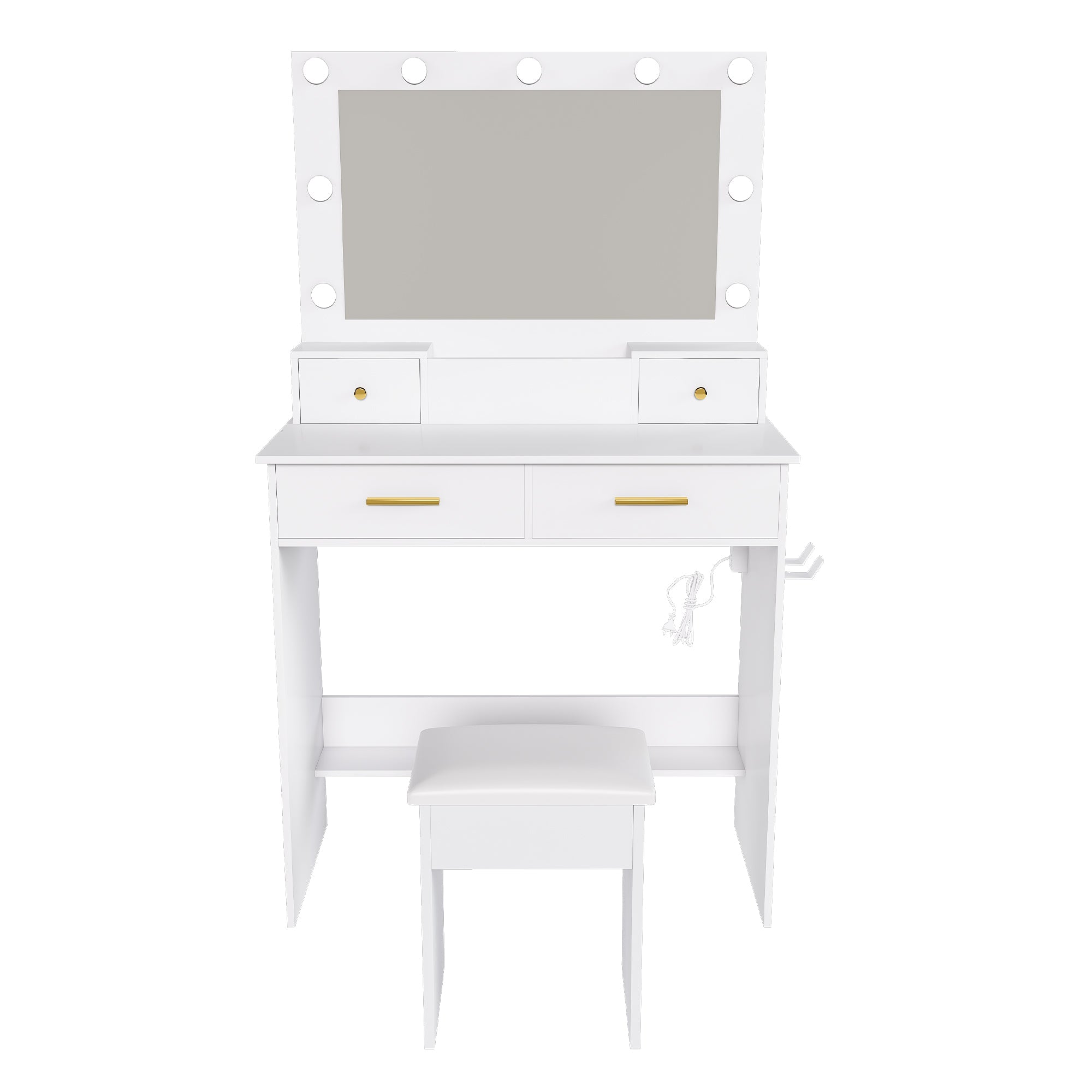 Dressing Table with LED Light, Power Outlet, 4 Drawers & Stool, White