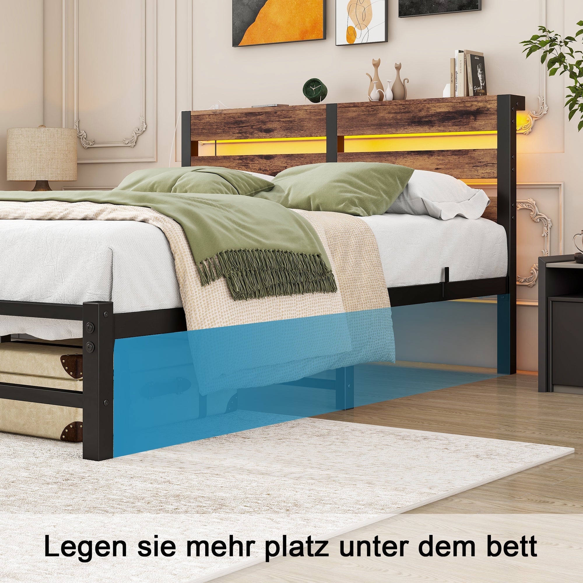 Metal Bed 120x200cm LED USB Storage - Metal