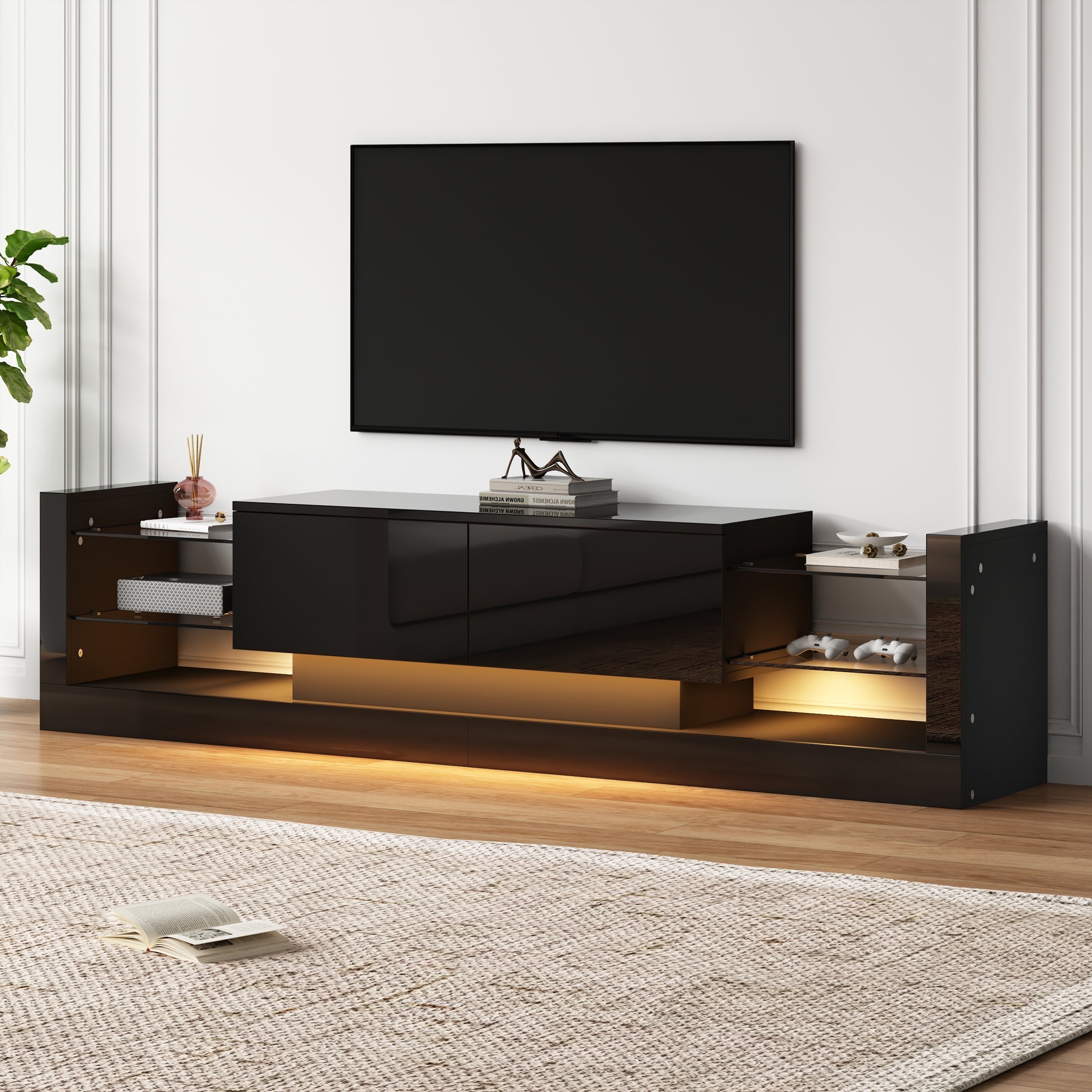 TV Cabinet, 181cm LED Lit, 80-inch Capacity, High-Gloss White