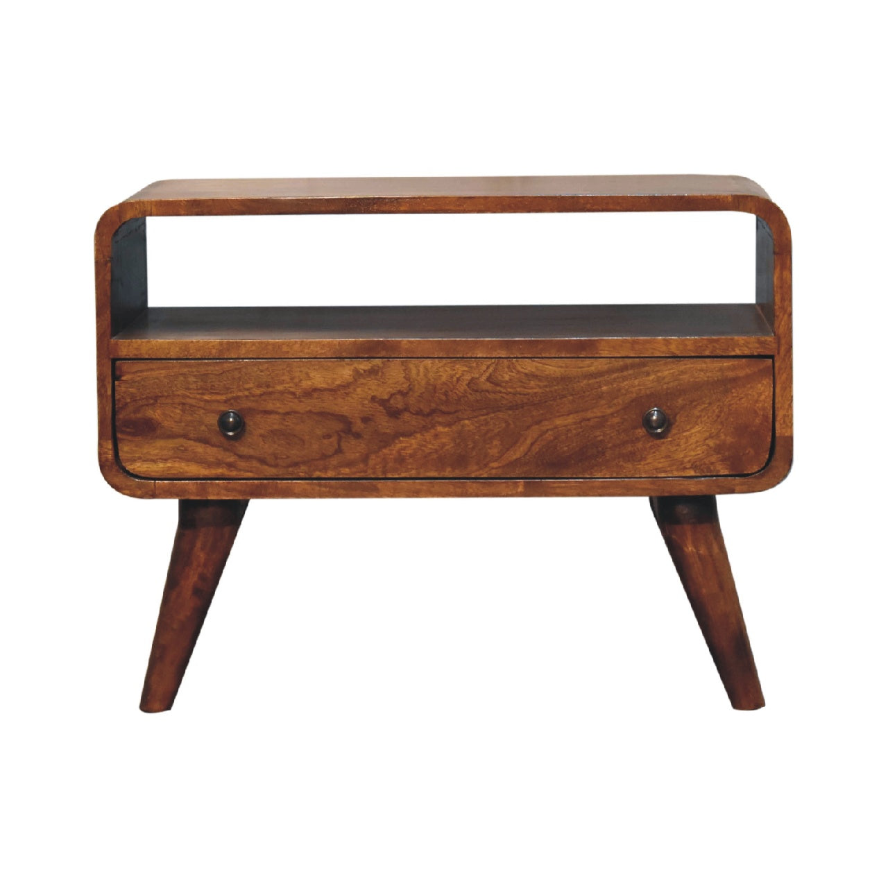 Solid Wood Mini Curved Media Unit, 1 Drawer, 1 Open Slot, Brown