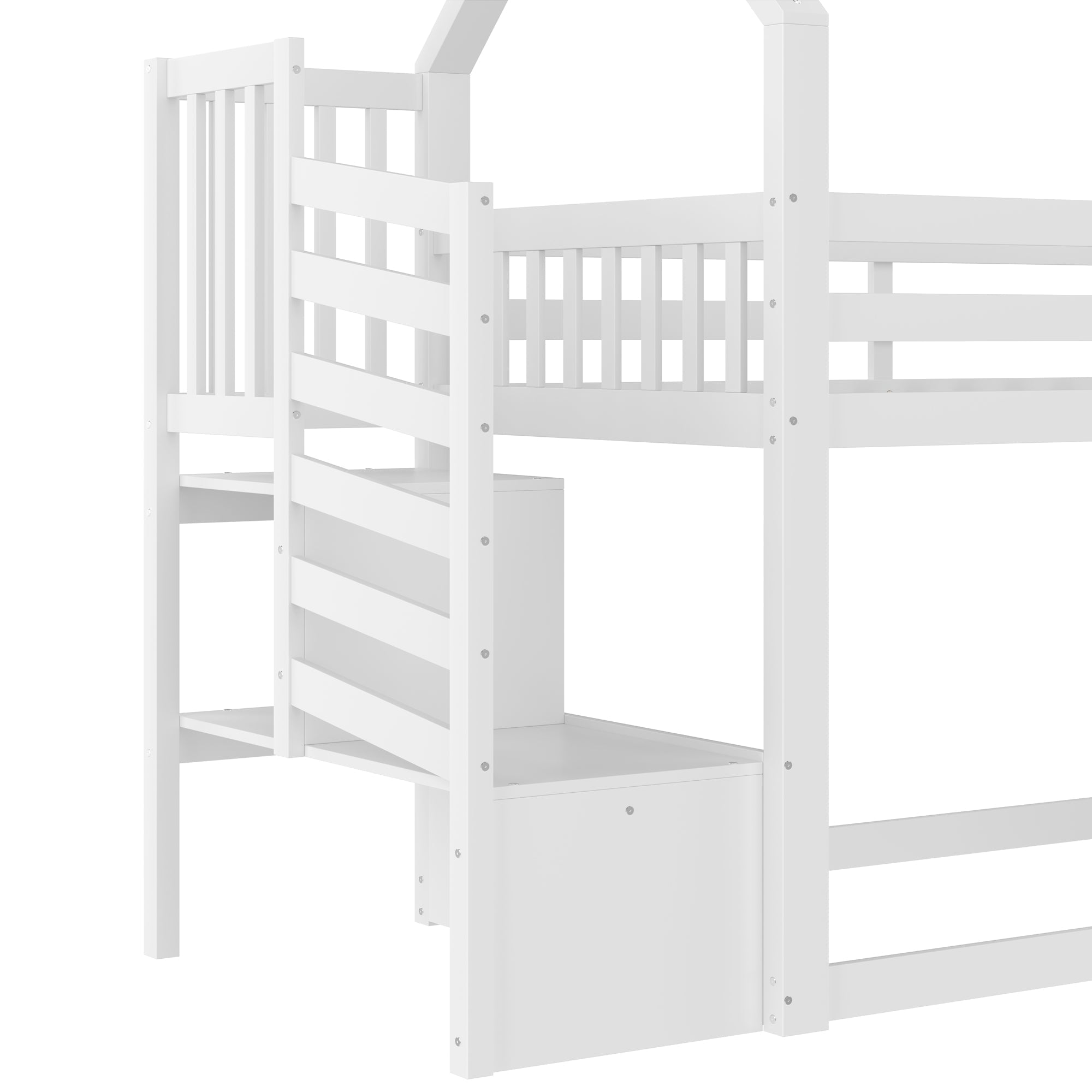 Bunk Bed House 90x200cm Storage Stairs Slide Railing - White