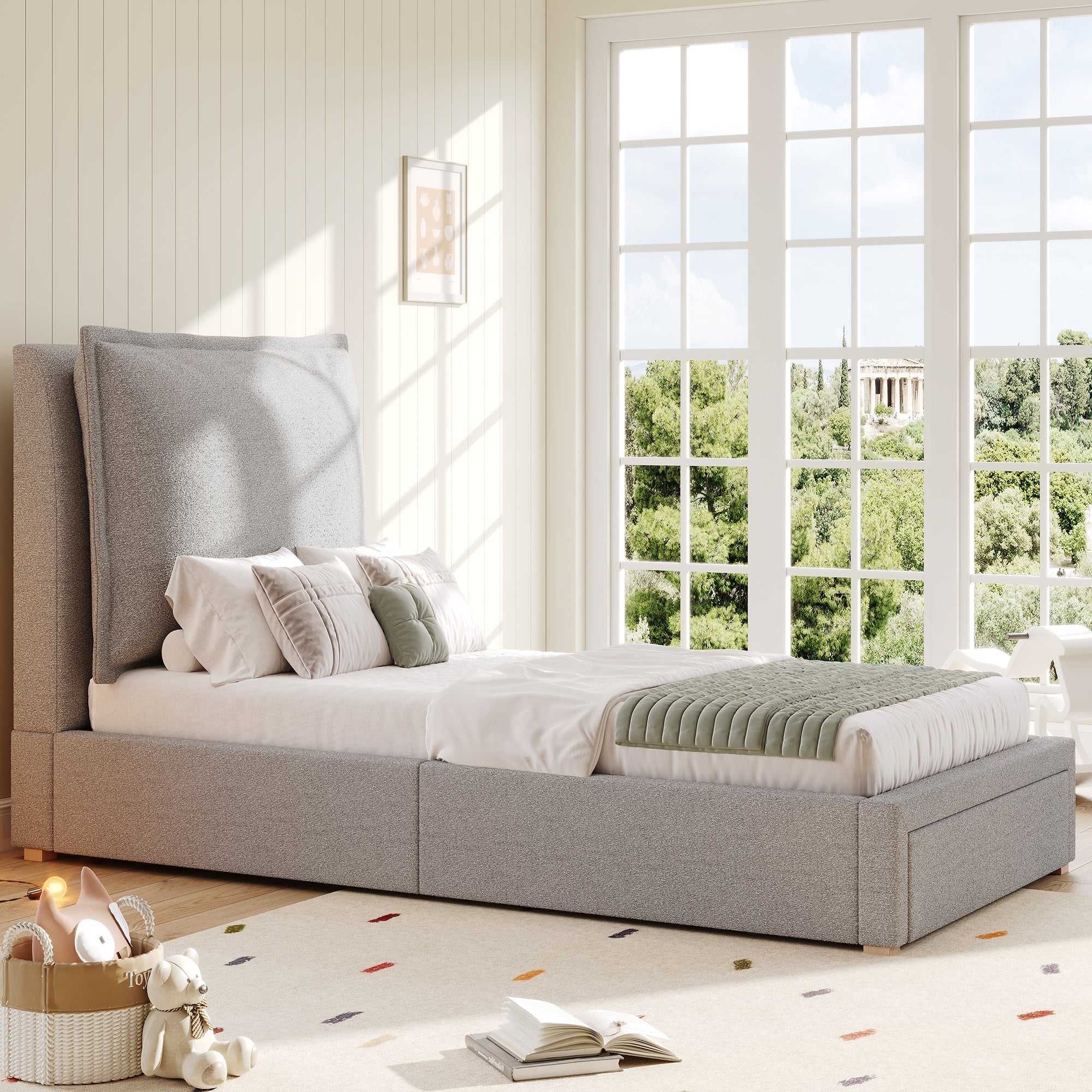Upholstered Bed, Functional Storage Slatted Frame, Chenille Gray