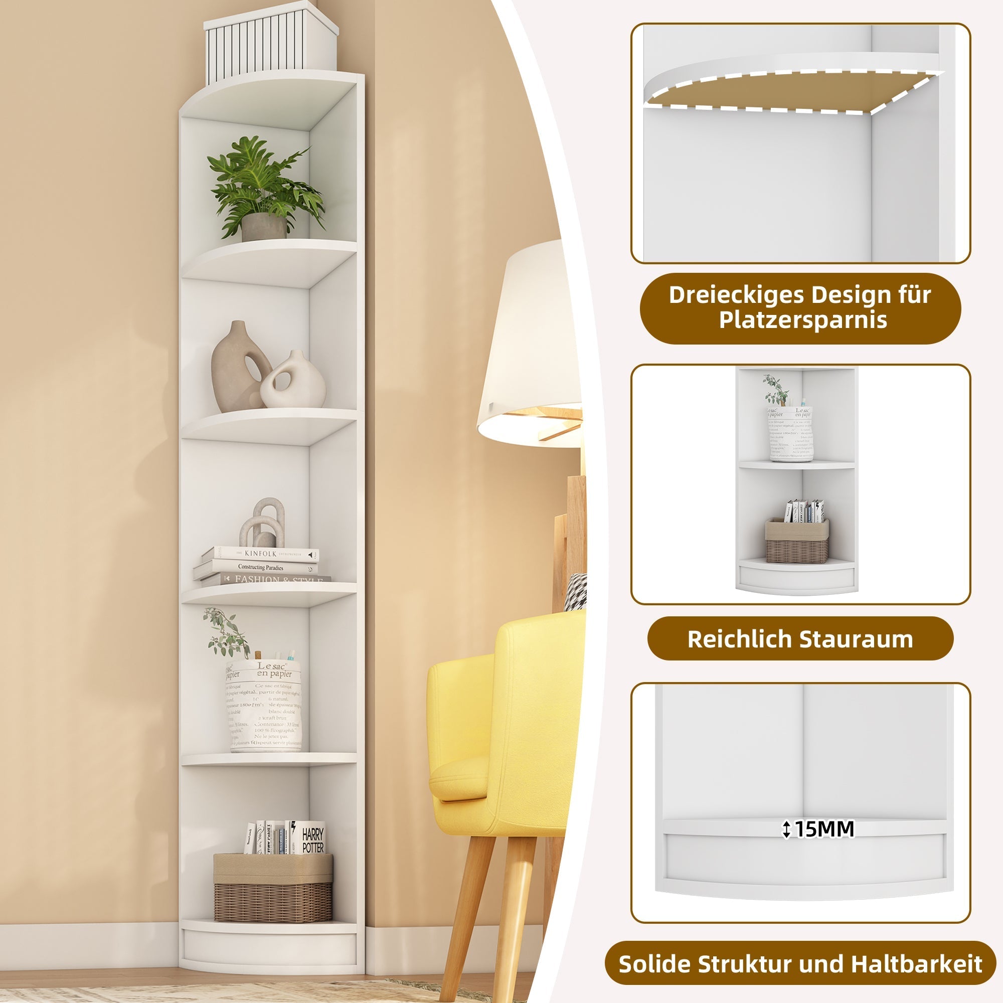 Corner Bookcase 5-Tier Storage MDF - White