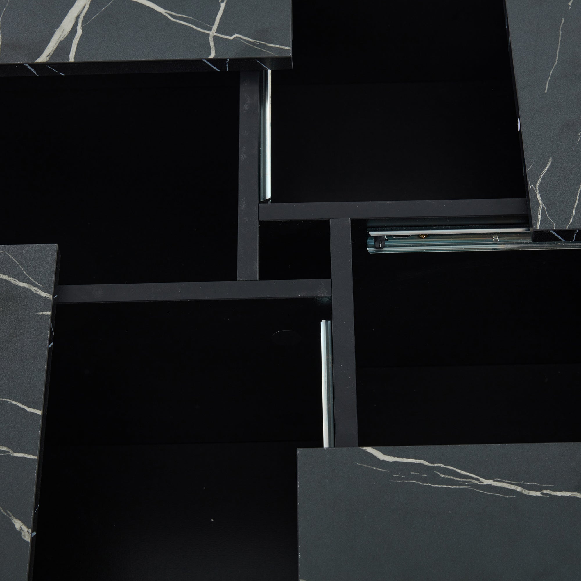 Coffee Table, Square 90x90x25cm with Four Drawers, Sliding Tabletop, Black Marble Look