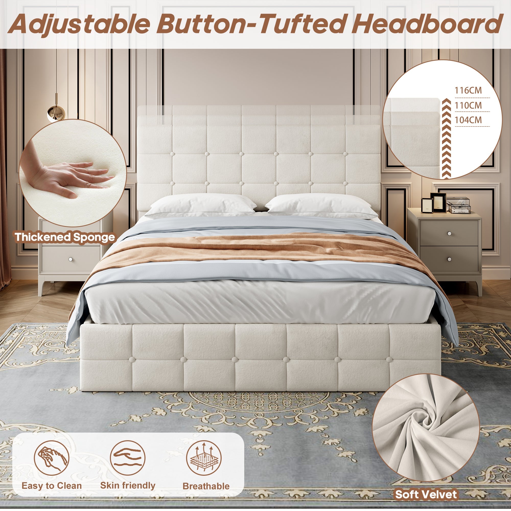 4ft6 Double Upholstered Storage Bed Frame, Velvet Ottoman with Hydraulic Storage & Adjustable Button Tufted Headboard, Metal-Wood Support, Beige