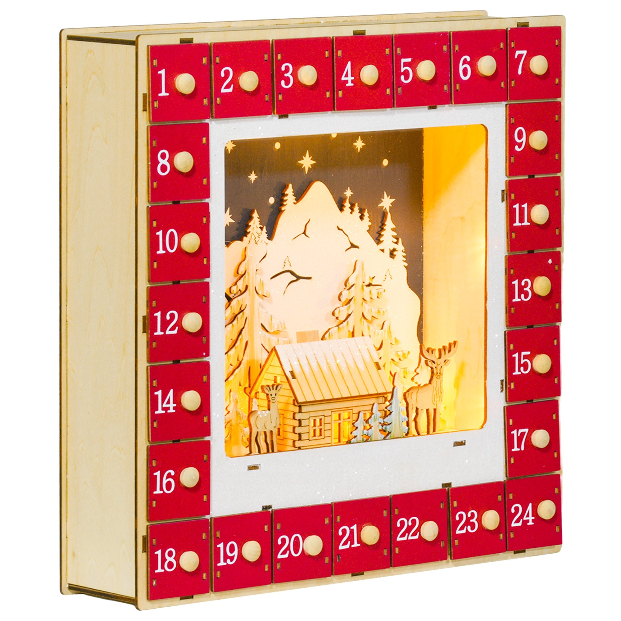 Advent Calendar, 24 Drawers with LED Lights, Red MDF