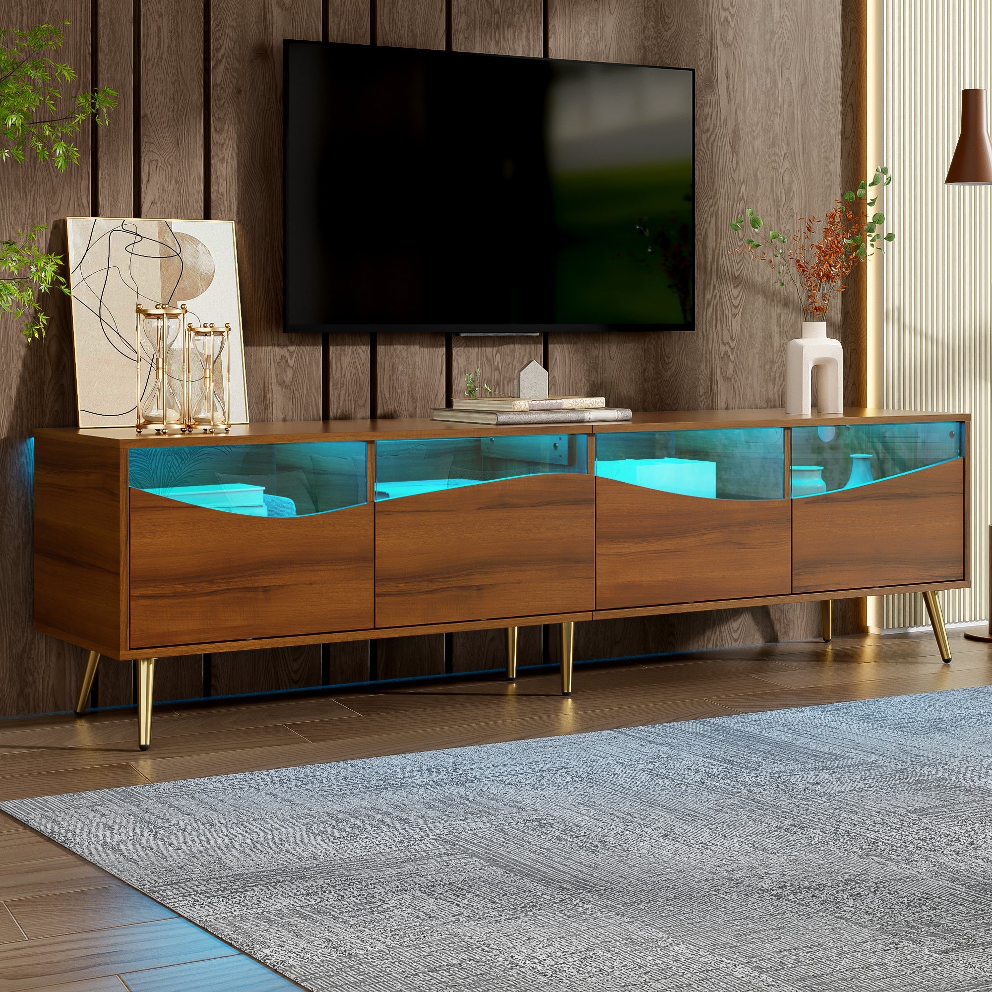 Modern TV Cabinet 180cm LED Lighting Storage, Wood Color/Gold Metal