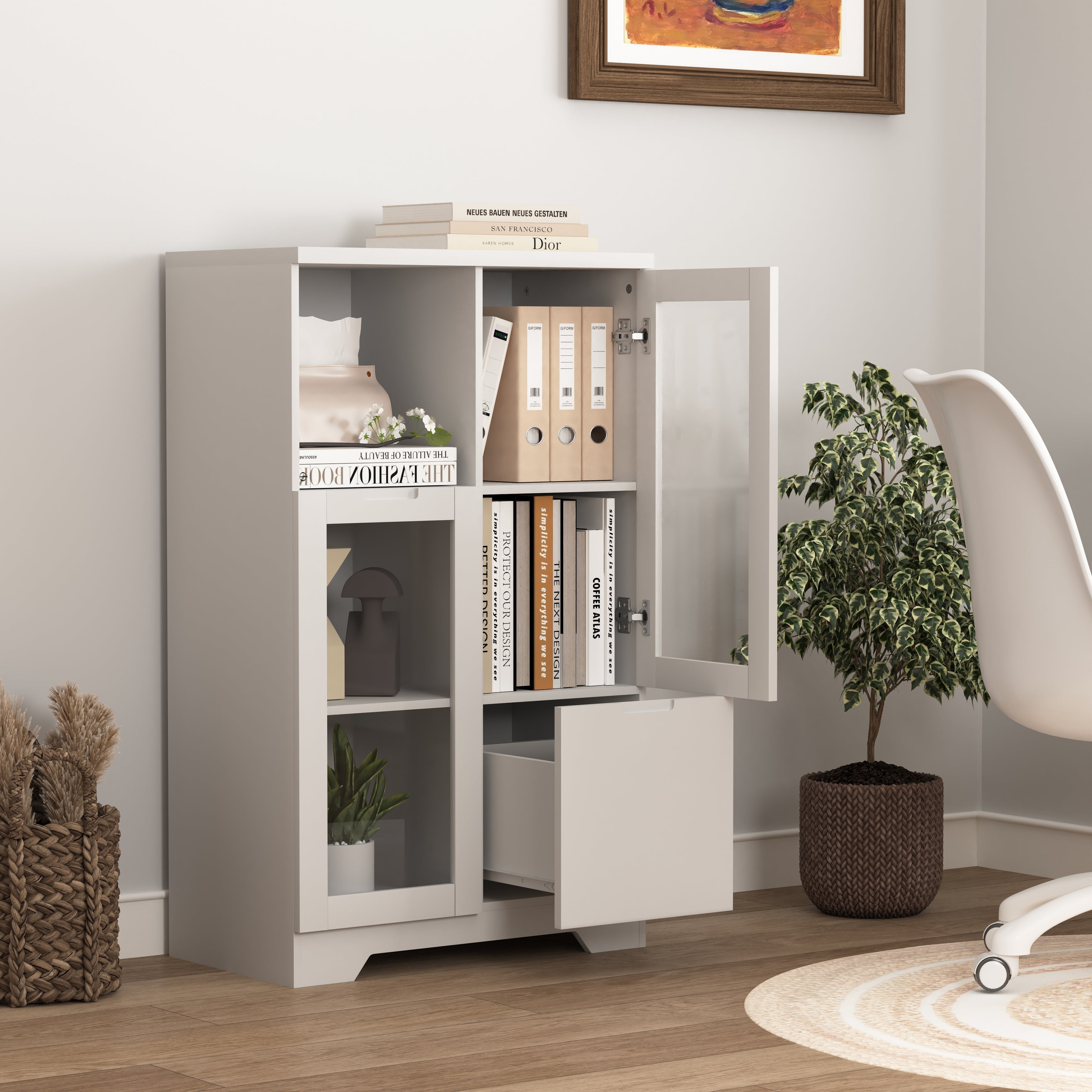 MDF Storage Cabinet with Glass Doors and Drawer, White