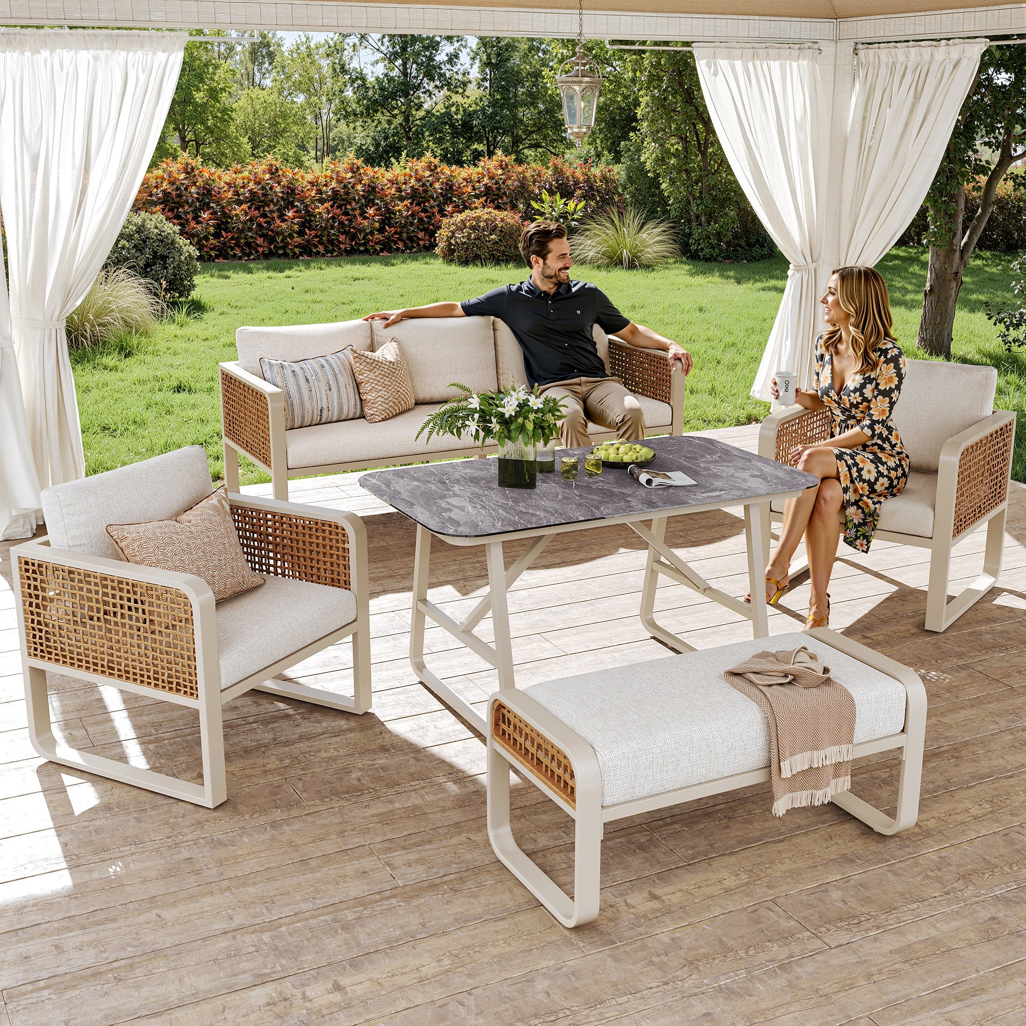 Garden Lounge Set for 6-7 People with Side Table and Washable Cushions, PE Rattan, Beige