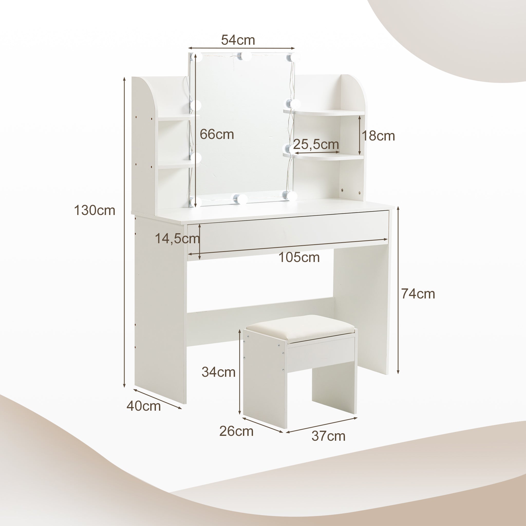 Dressing Table with Stool, LED Lighted Mirror, White