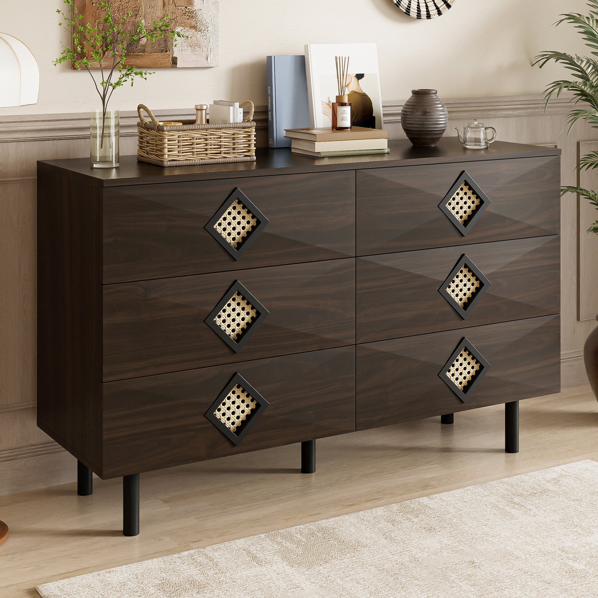 Dressing Table, 6-Drawer with Rattan Handle, Elegant for Bedroom & Living Room