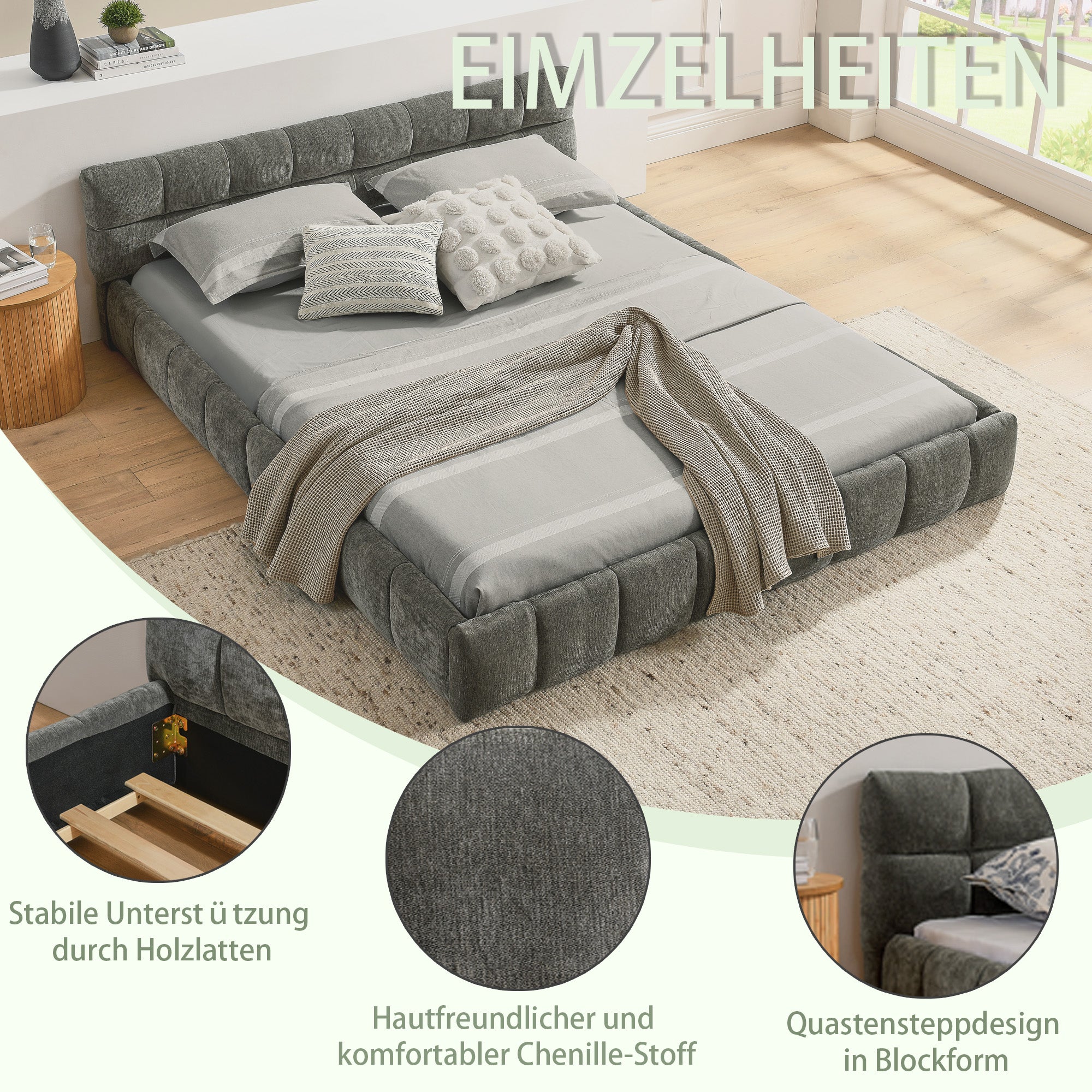 Double Bed 140x200cm Quilted Chenille Cover Sturdy Frame, Dark Grey