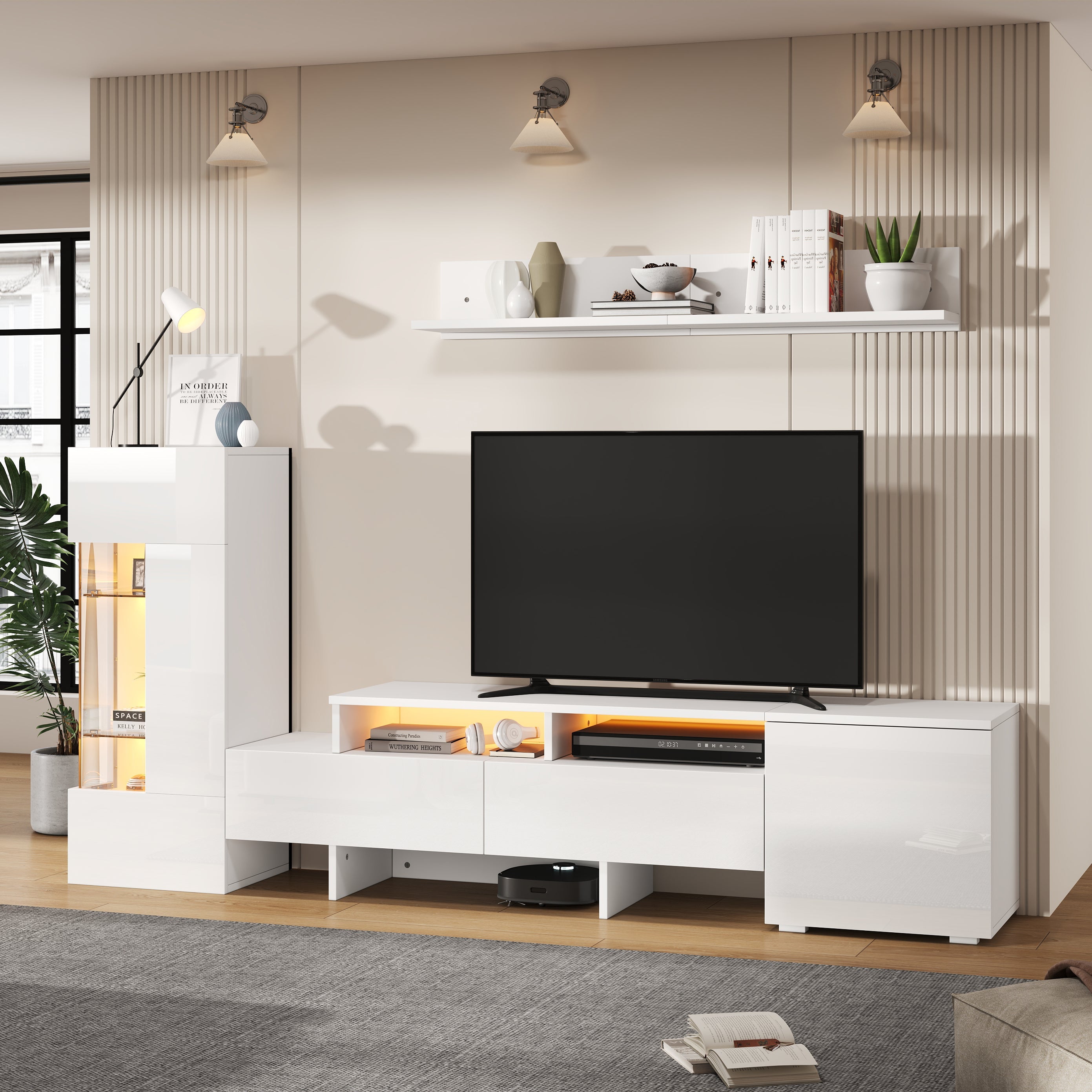 3-Piece TV Wall Unit Set High-Gloss LED Modern Wall-Mounted White