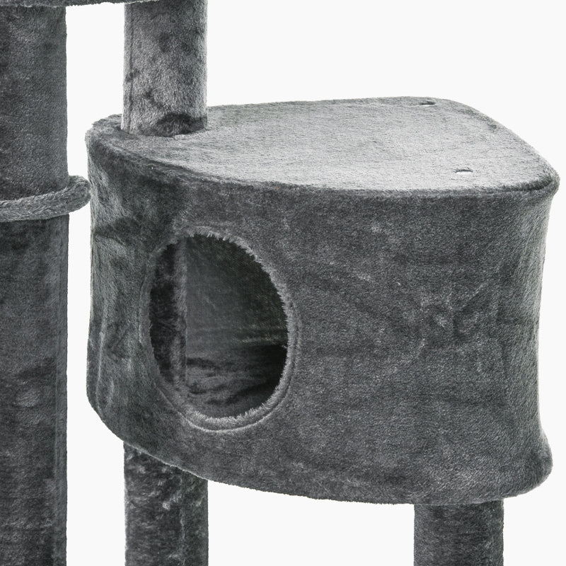 Katzenkratzbaum, mehrstufig mit Spielbällen, Hängematte, Sisalstämmen, Dunkelgrau