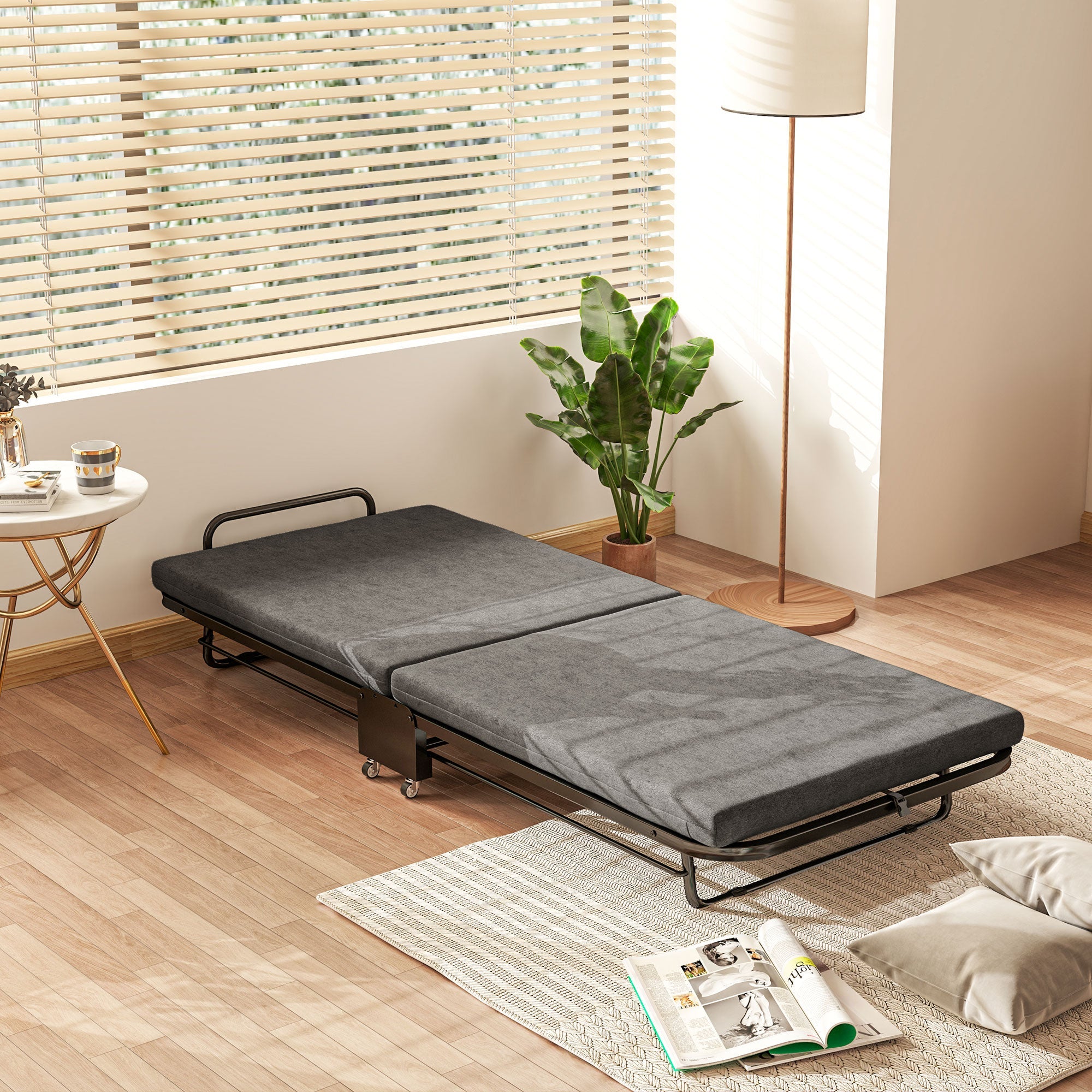 Single Folding Bed with 5-Position Adjustable Back and Wheels, Grey