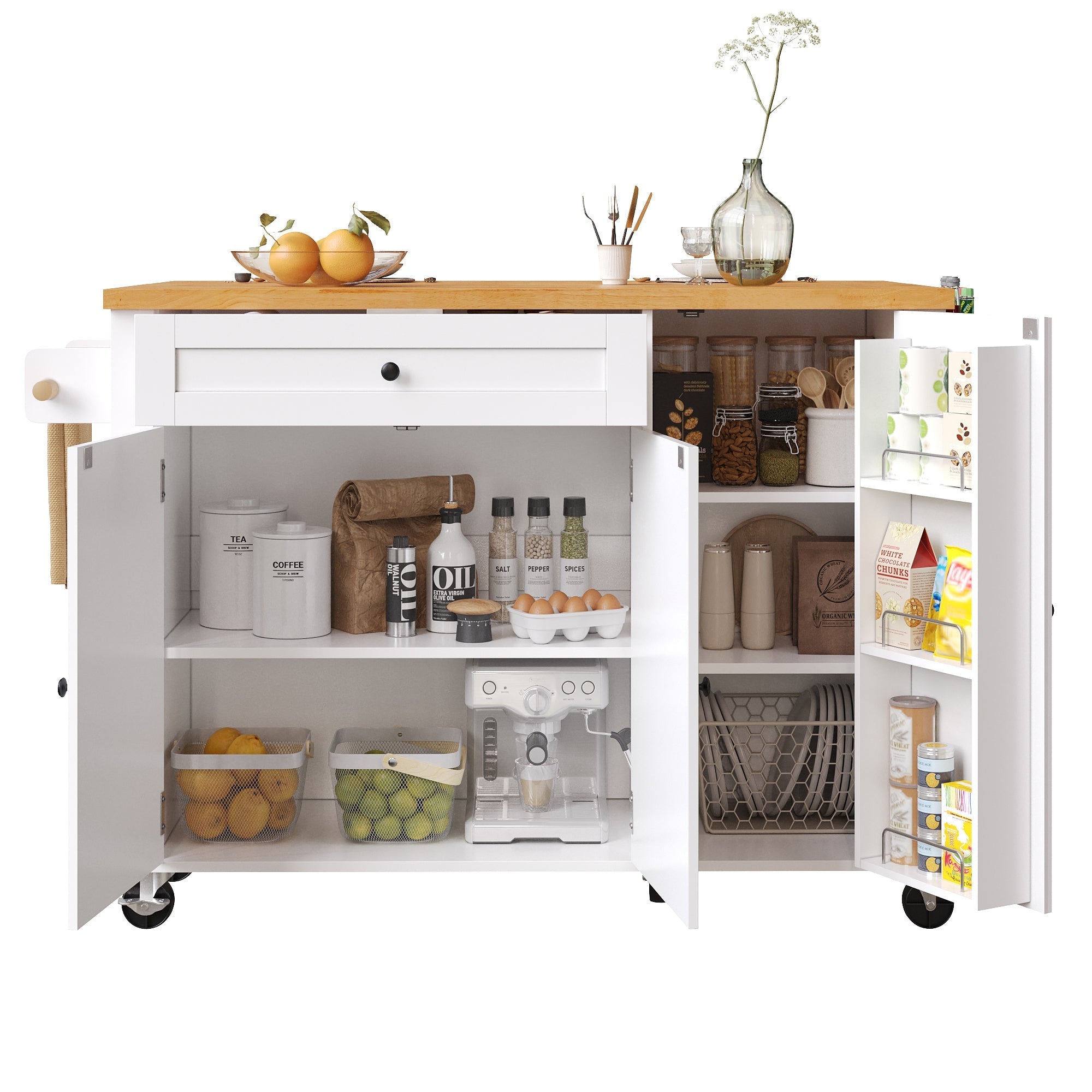 Mobile Kitchen Island with Foldable Table and Storage Drawers, White MDF