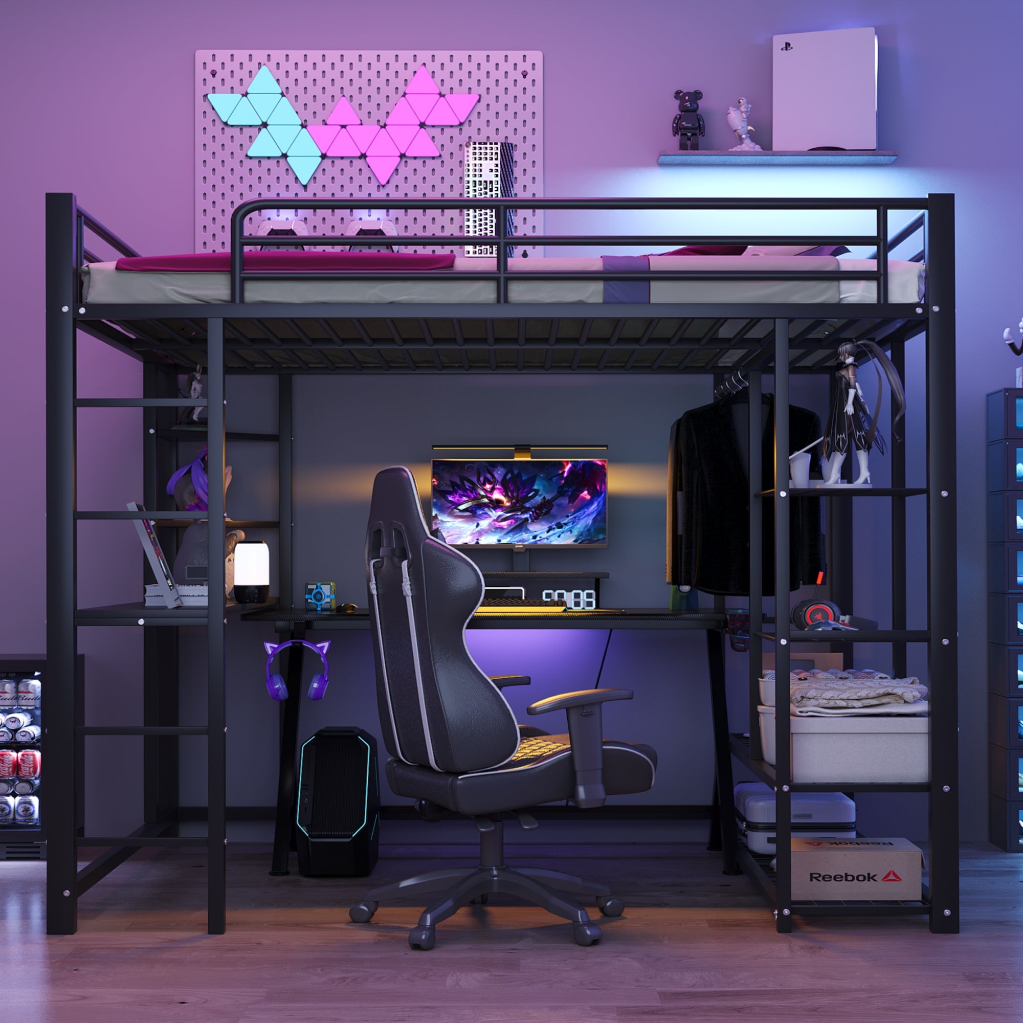 Metal Loft Bed, 140x200 cm, with Ladder, Table, and Storage, Black