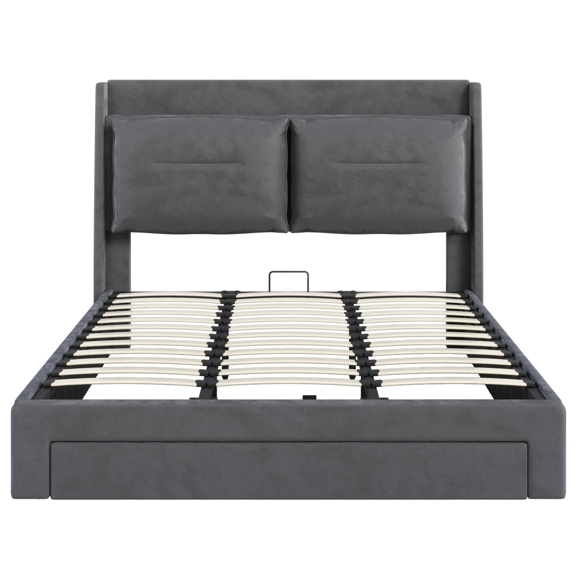 Upholstered Bed 180x200cm Hydraulic Storage LED Light Drawers - Velvet Dark Grey