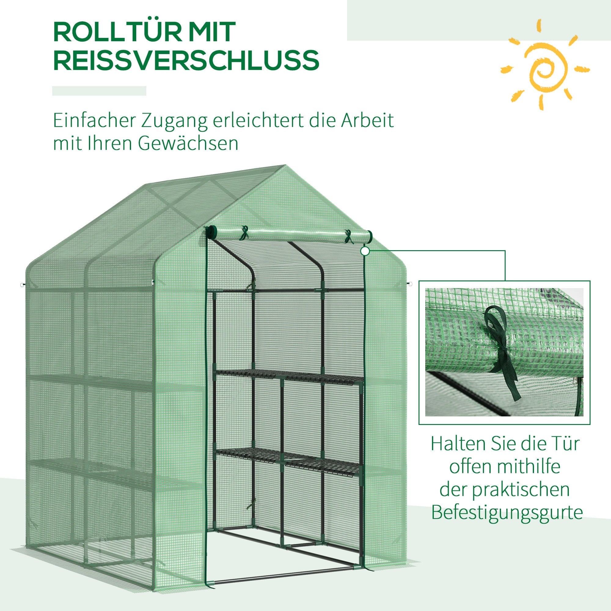 Walk-in Greenhouse, 8 Shelves for Tomatoes Optimal Plant Care, Steel & PE Plastic, Green