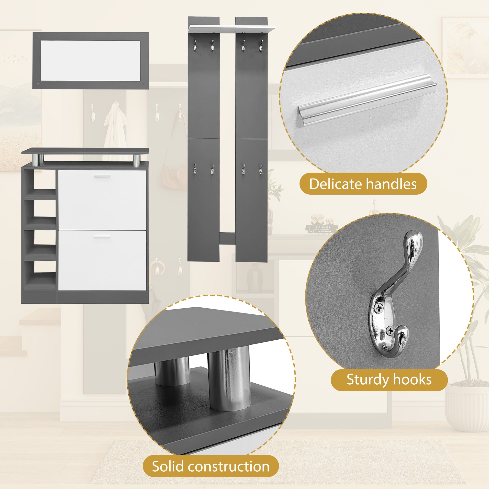 Wall-mounted Wardrobe Set, Mirror, Shoe Cabinet, Anthracite Grey Matt