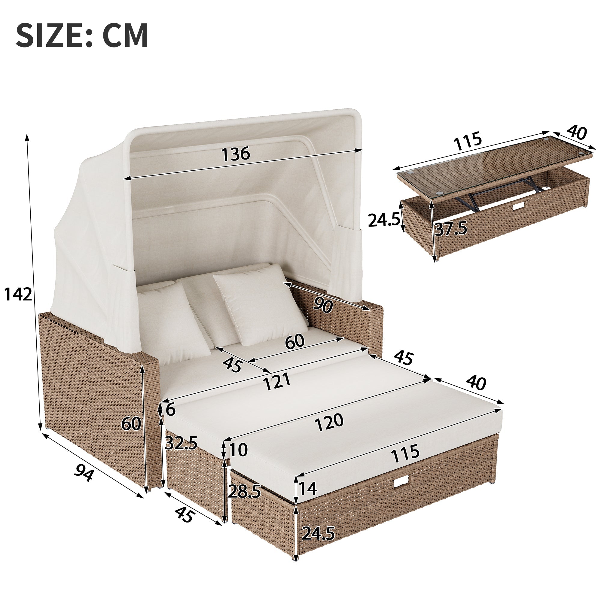 Polyrattan Garden Furniture Set with Adjustable Coffee Table and Removable Awning, Khaki PE Rattan