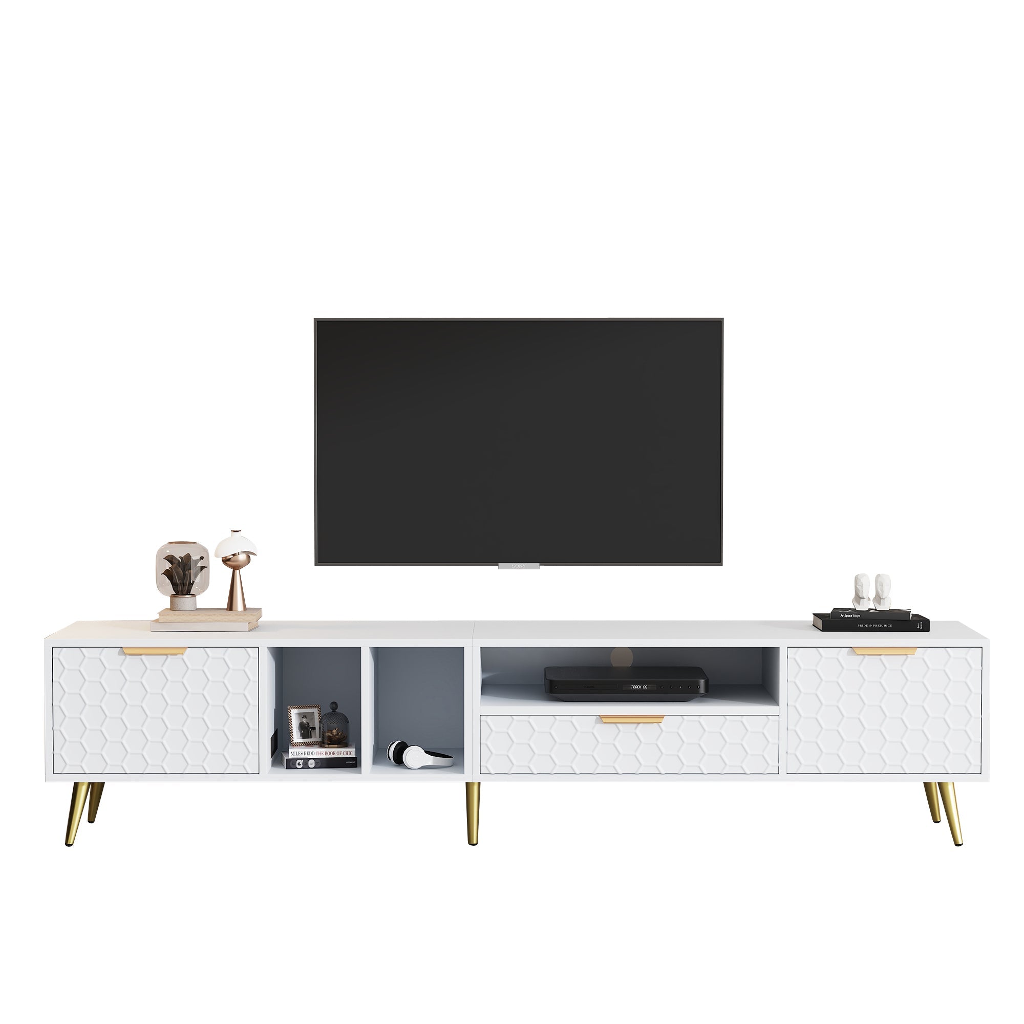 TV Stand, Vertical Honeycomb Pattern, 80-Inch TV, White