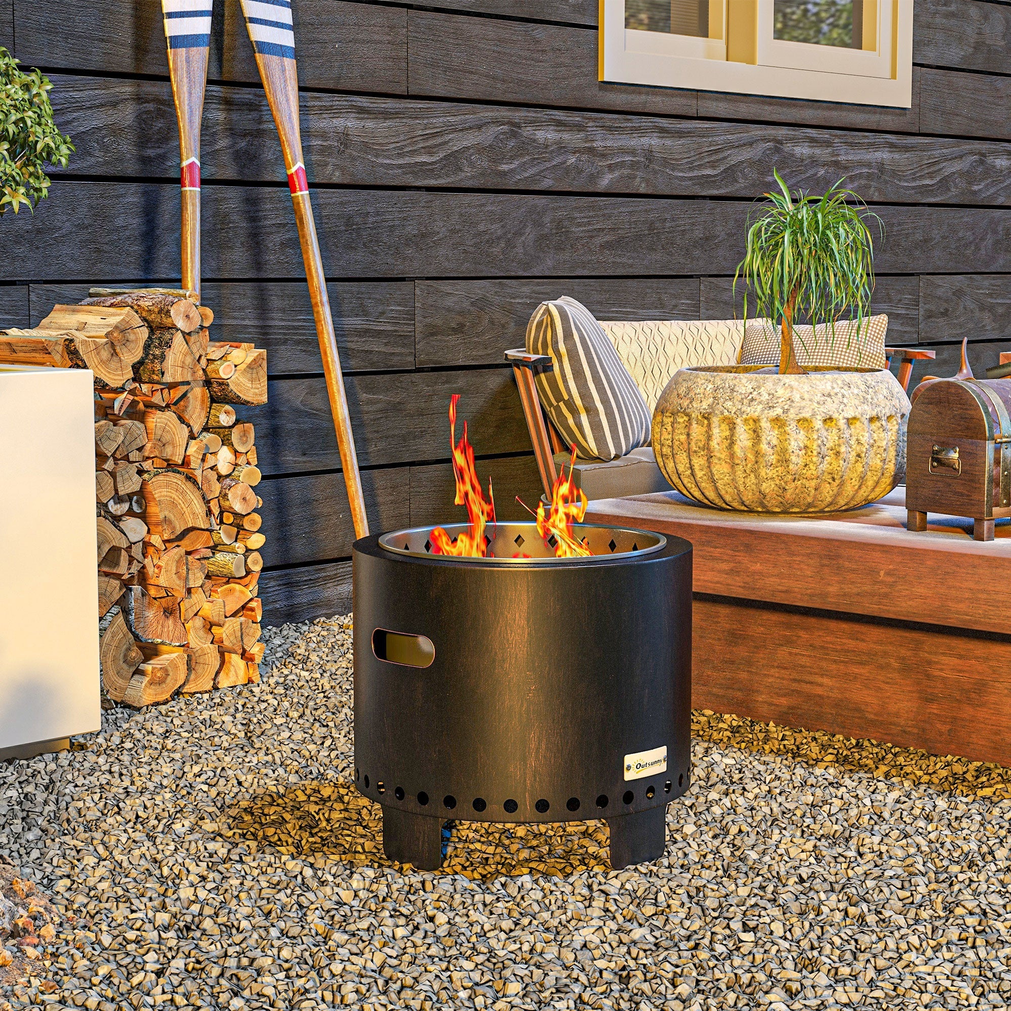 Fire bowl smoke-free table fire pit with handle and poker, metal black