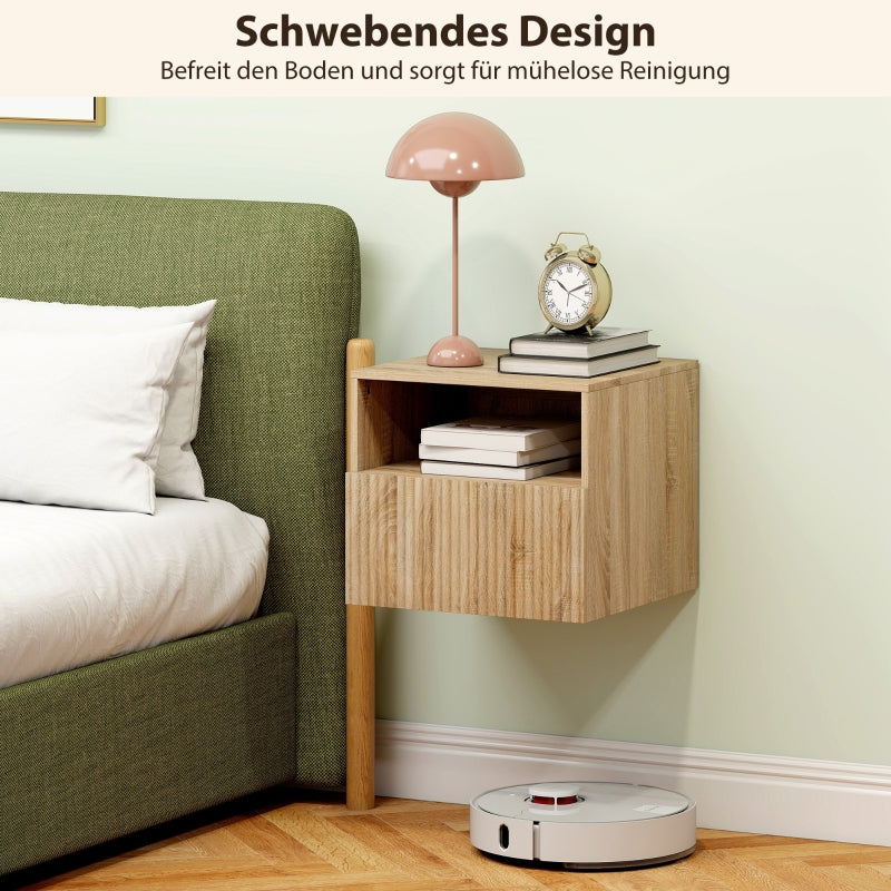 Nightstand Handleless Wall-Mounted Drawer & Open Compartment Light Brown