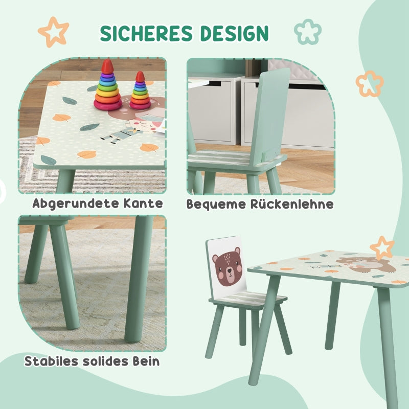 Children’s table with 2 chairs, kids’ seating set with 1 table & 2 chairs, cute animal design, suitable for children aged 3–8 years, green