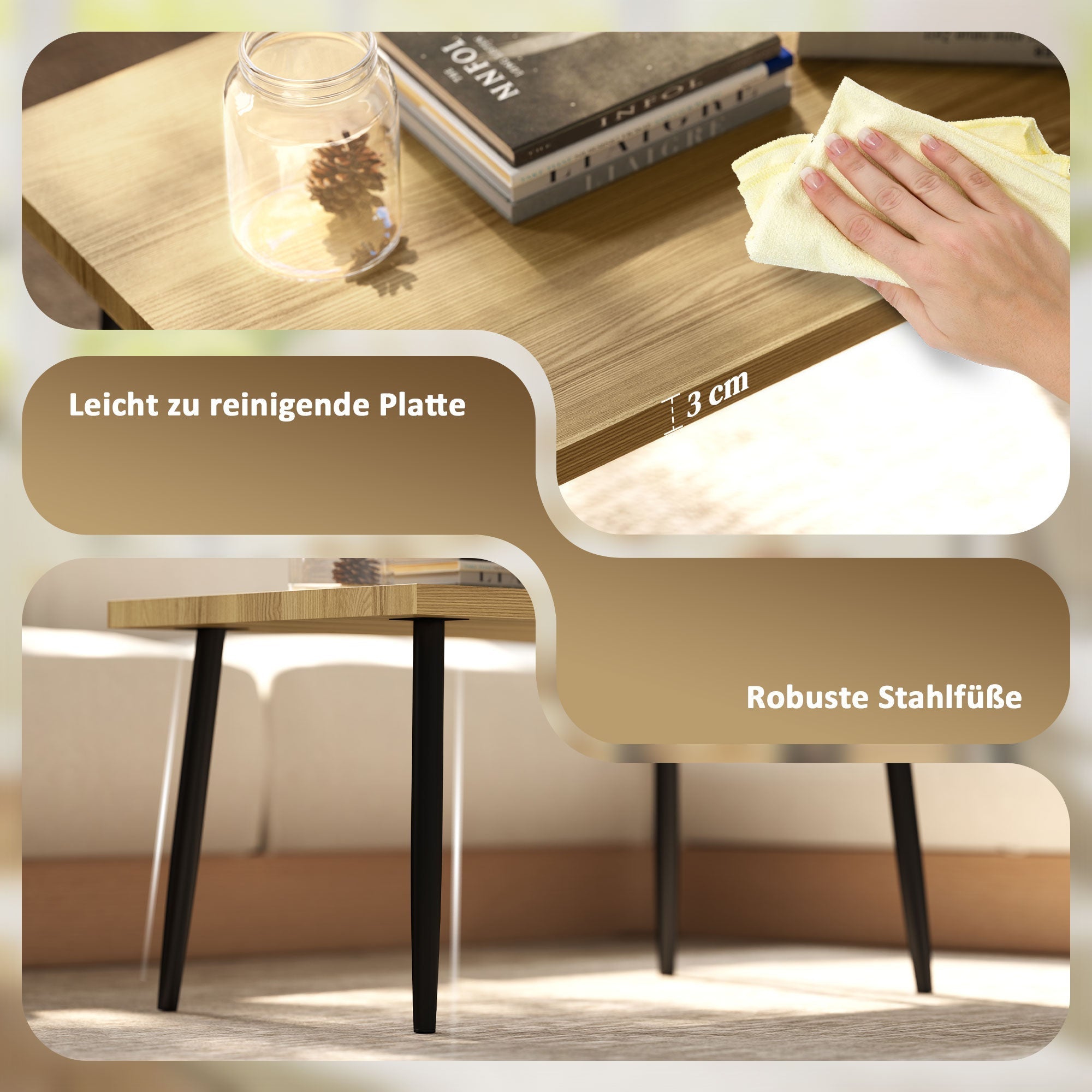 Coffee Table Set of 2, Side Tables with Steel Frame, Natural