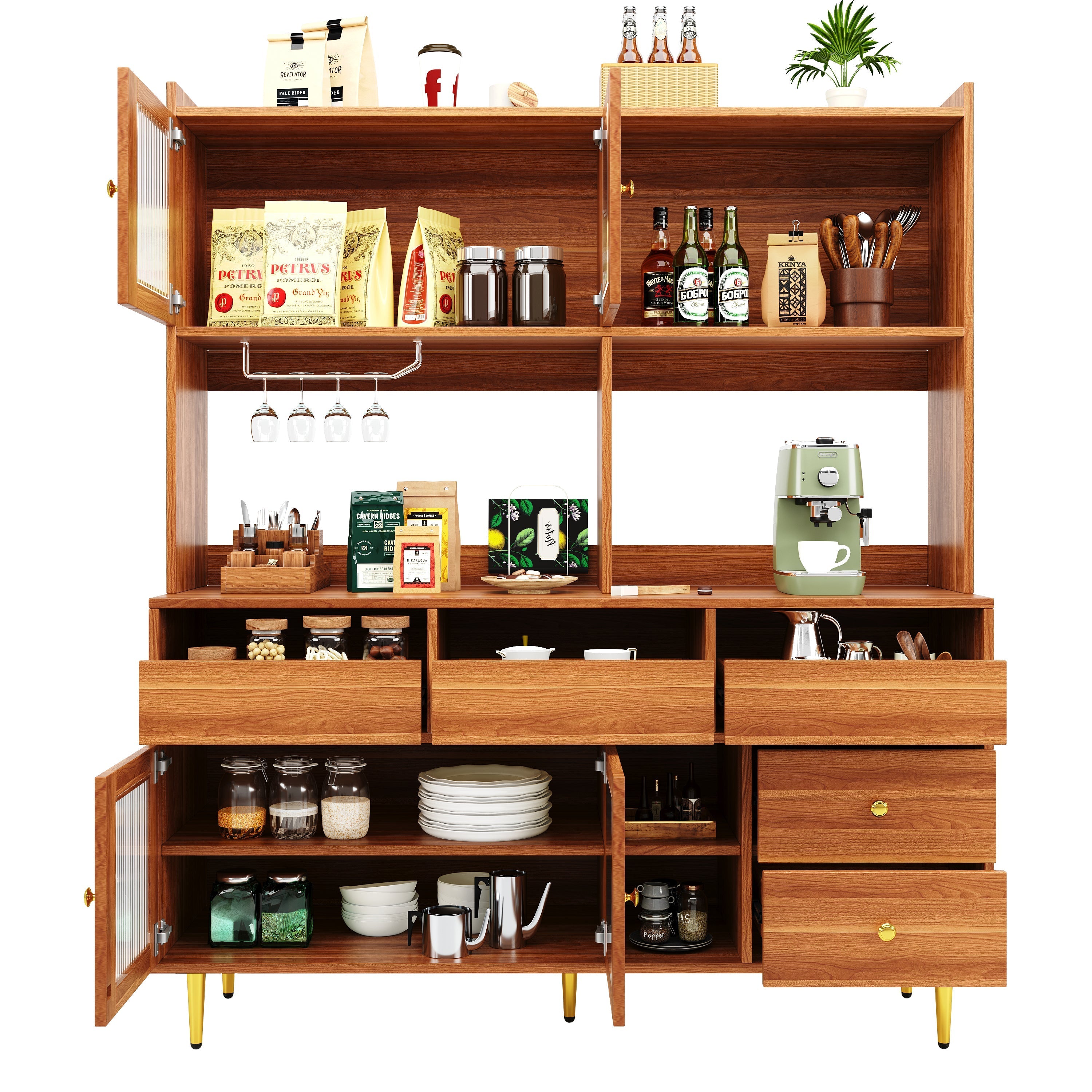 Restaurant Tall Cabinet, Changhong Glass Door Wine Rack Storage, Wooden/Gold