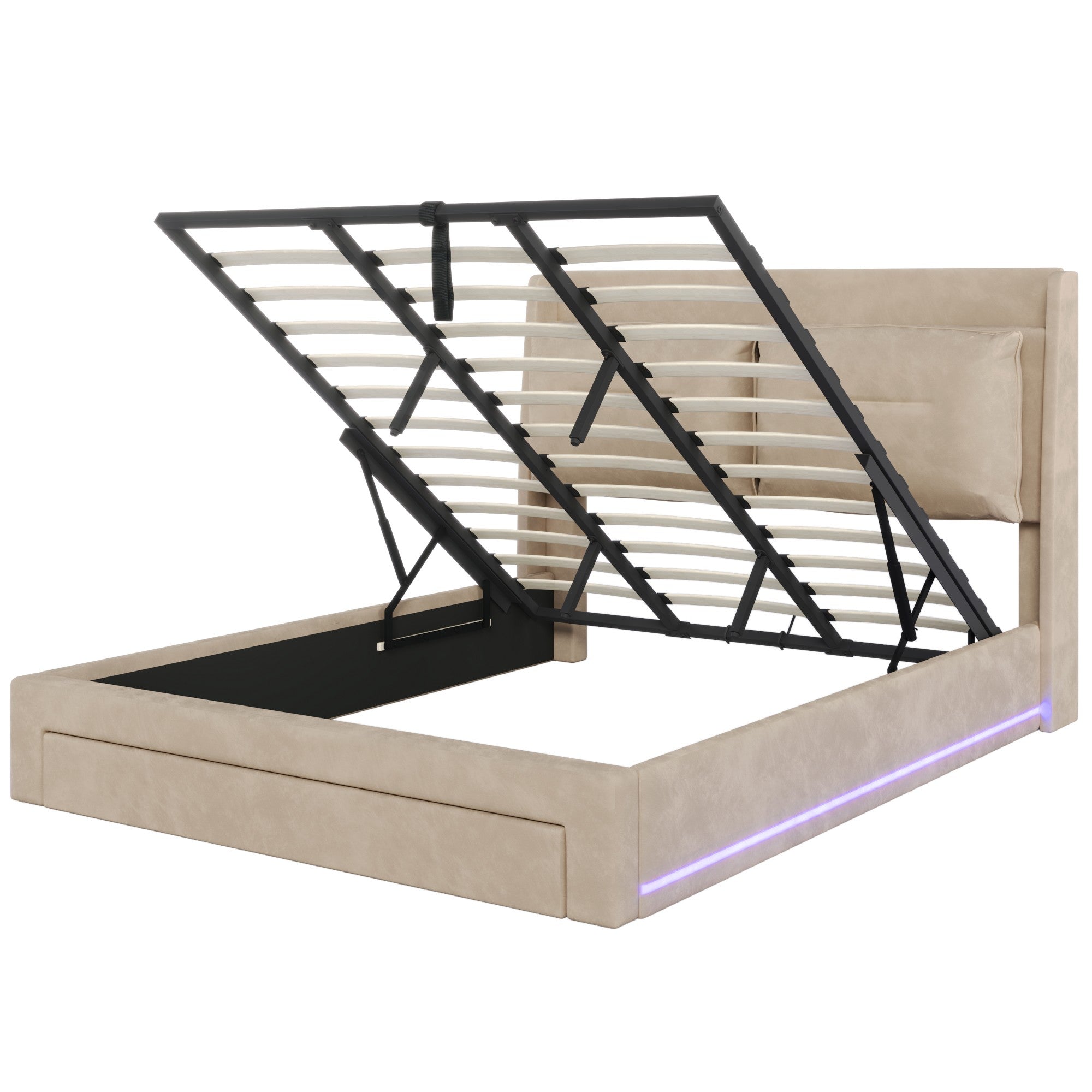 Upholstered Bed 180x200 Hydraulic Storage Drawers LED Light - Velvet Beige