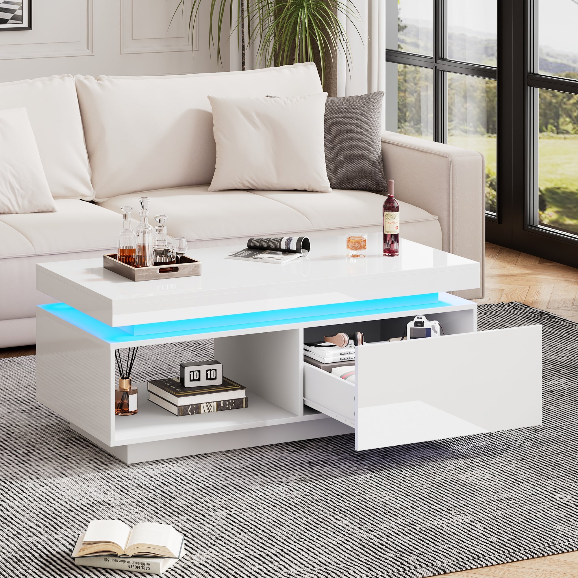 Modern high-gloss coffee table with LED lighting and drawer, 50 kg capacity