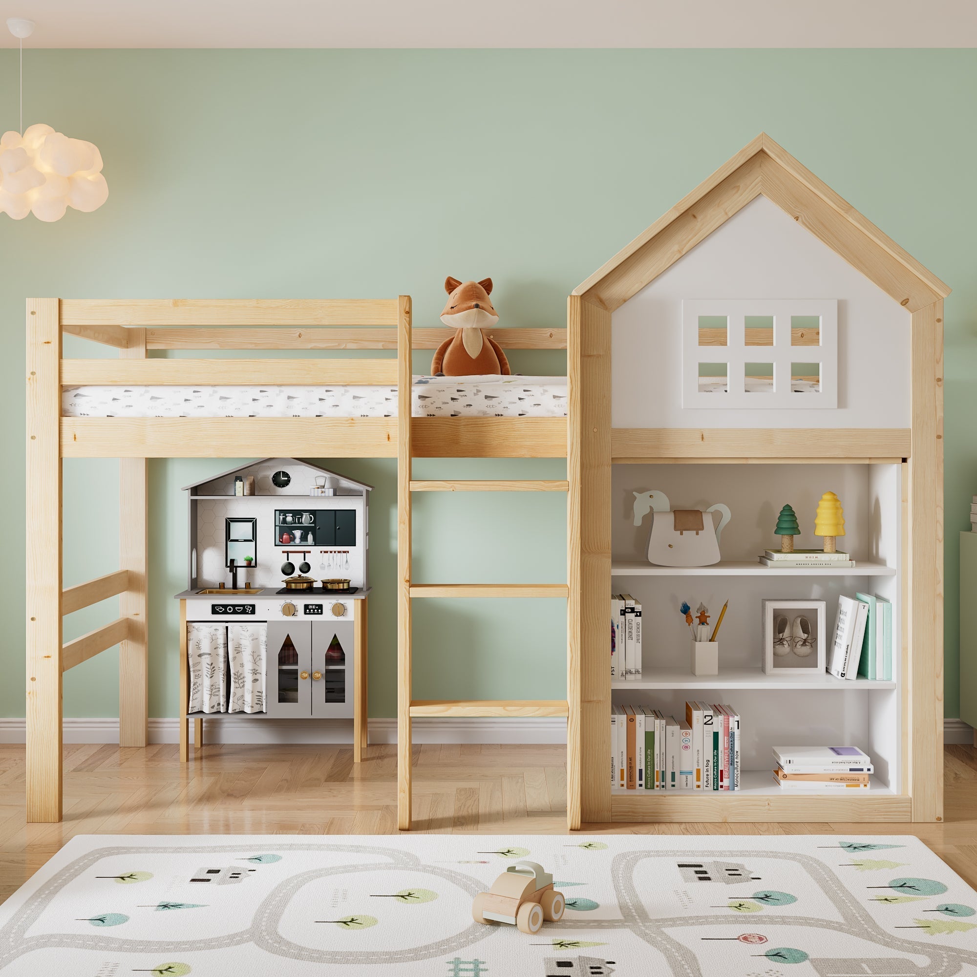 Loft Bed with Storage Compartments, Drawers, Steps and Safety Railing, 90x200cm, White and Natural Pine + MDF + Plywood