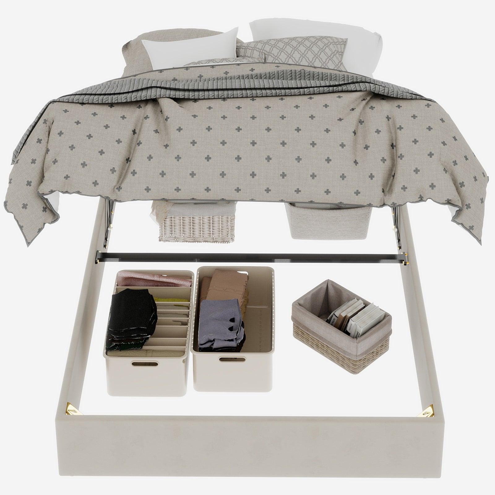 Bed Frame Modern Minimalist 160x200cm Gas Lift Storage - Beige Dutch Velvet