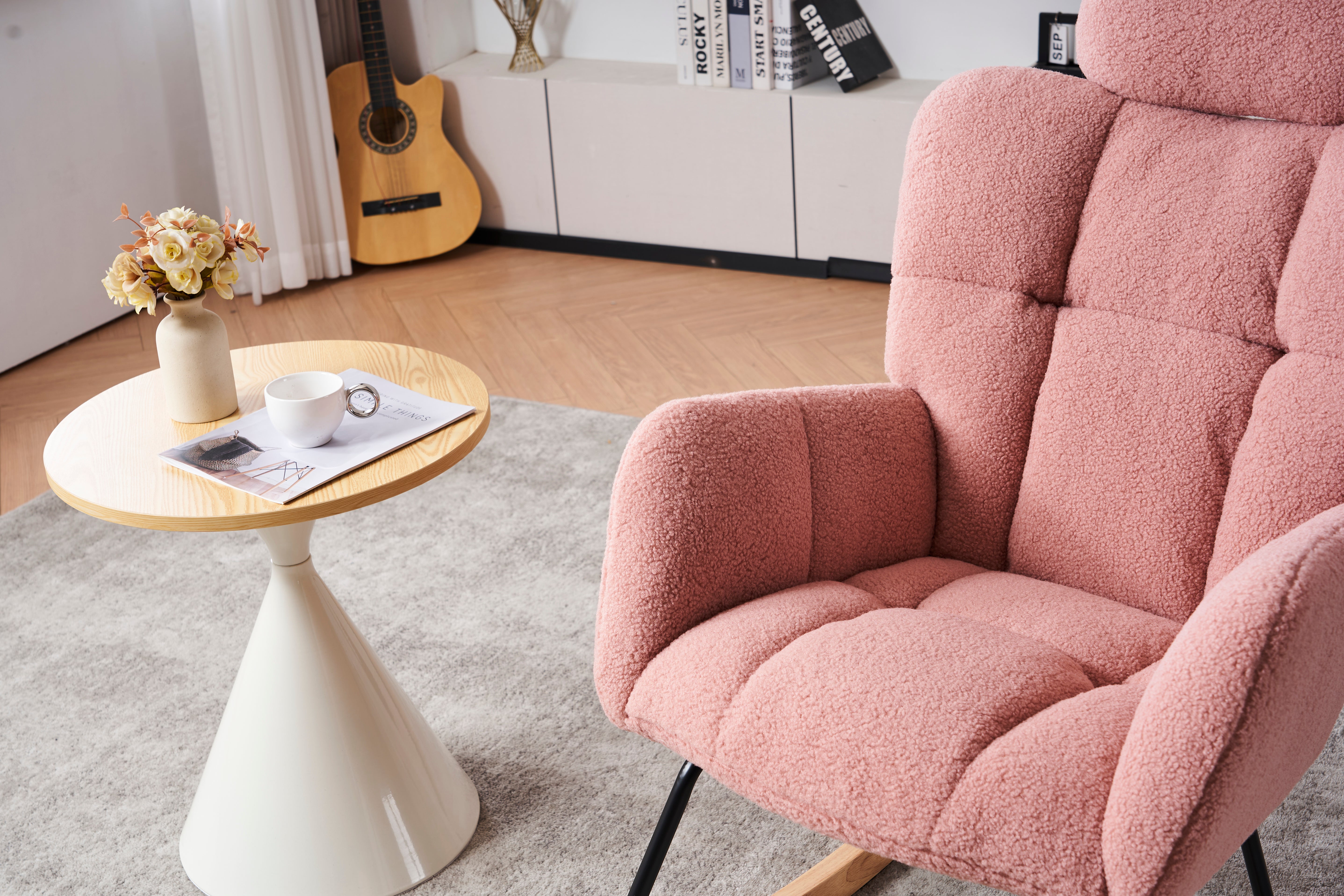 Rocking Chair 055, Tufted Upholstered, Pink Teddy Fabric