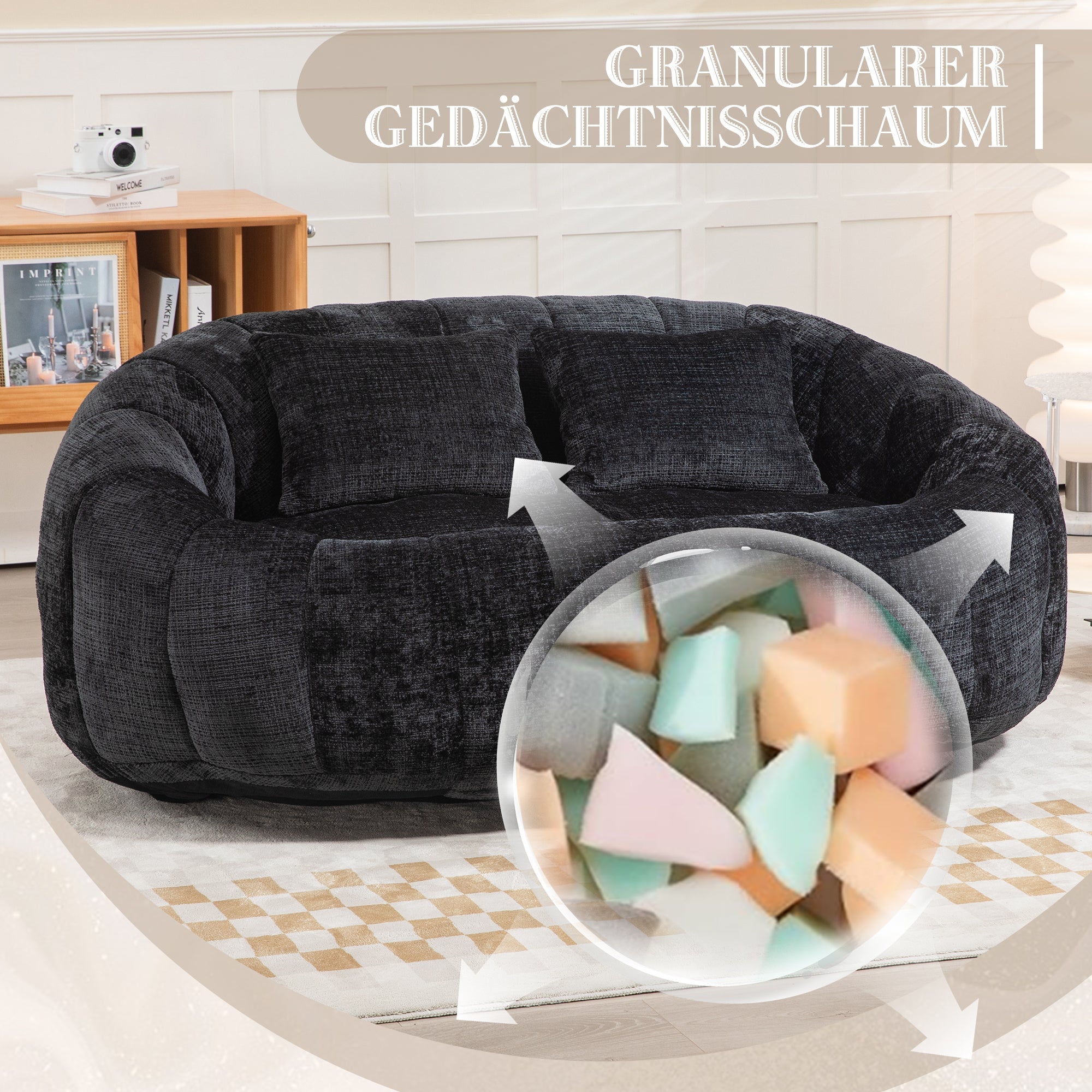Bean Bag Sofa Lounger High Back Accent Chair Indoor/Outdoor, Black Chenille