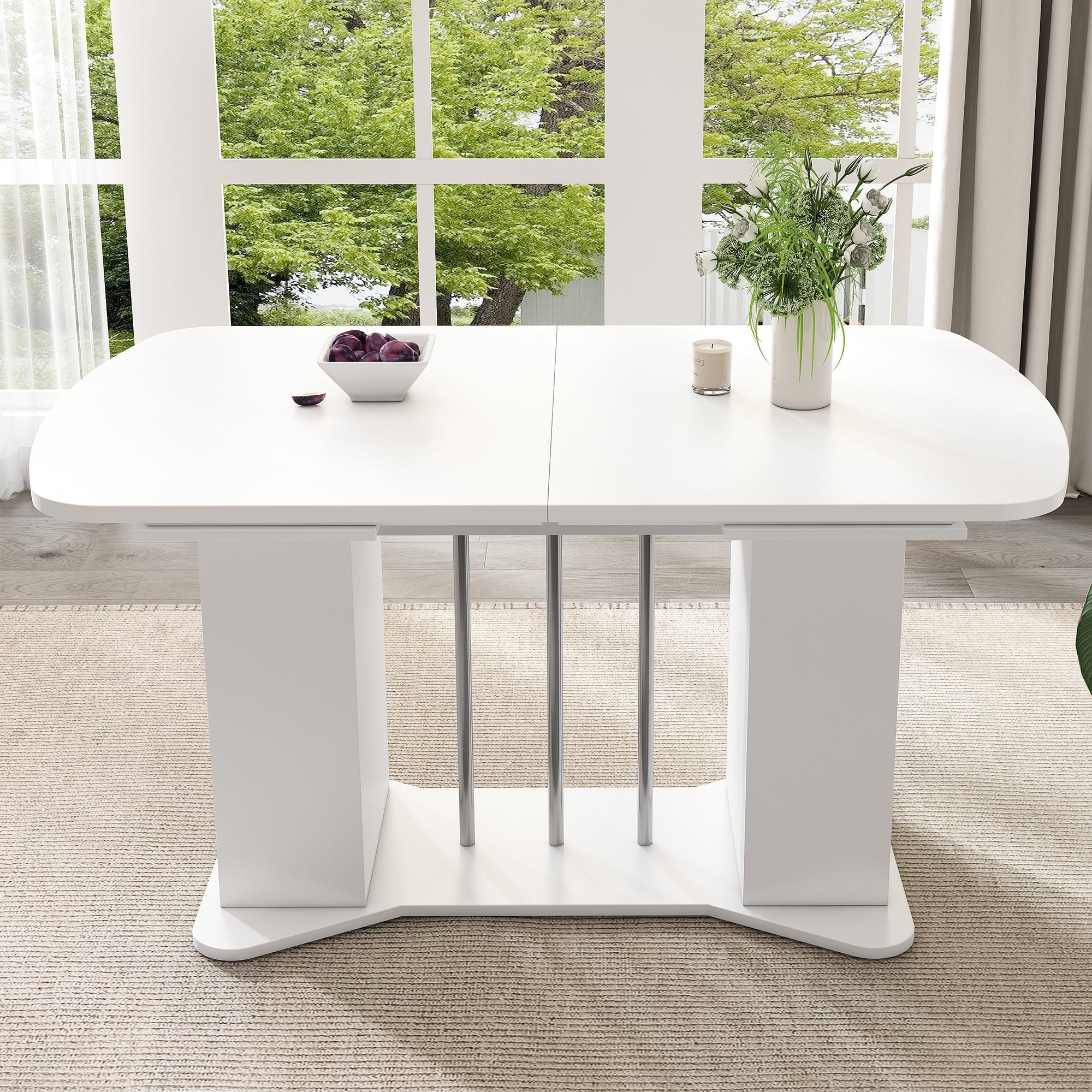 Extendable Dining Table 120/160x80cm Modern Storage - White/Silver Legs