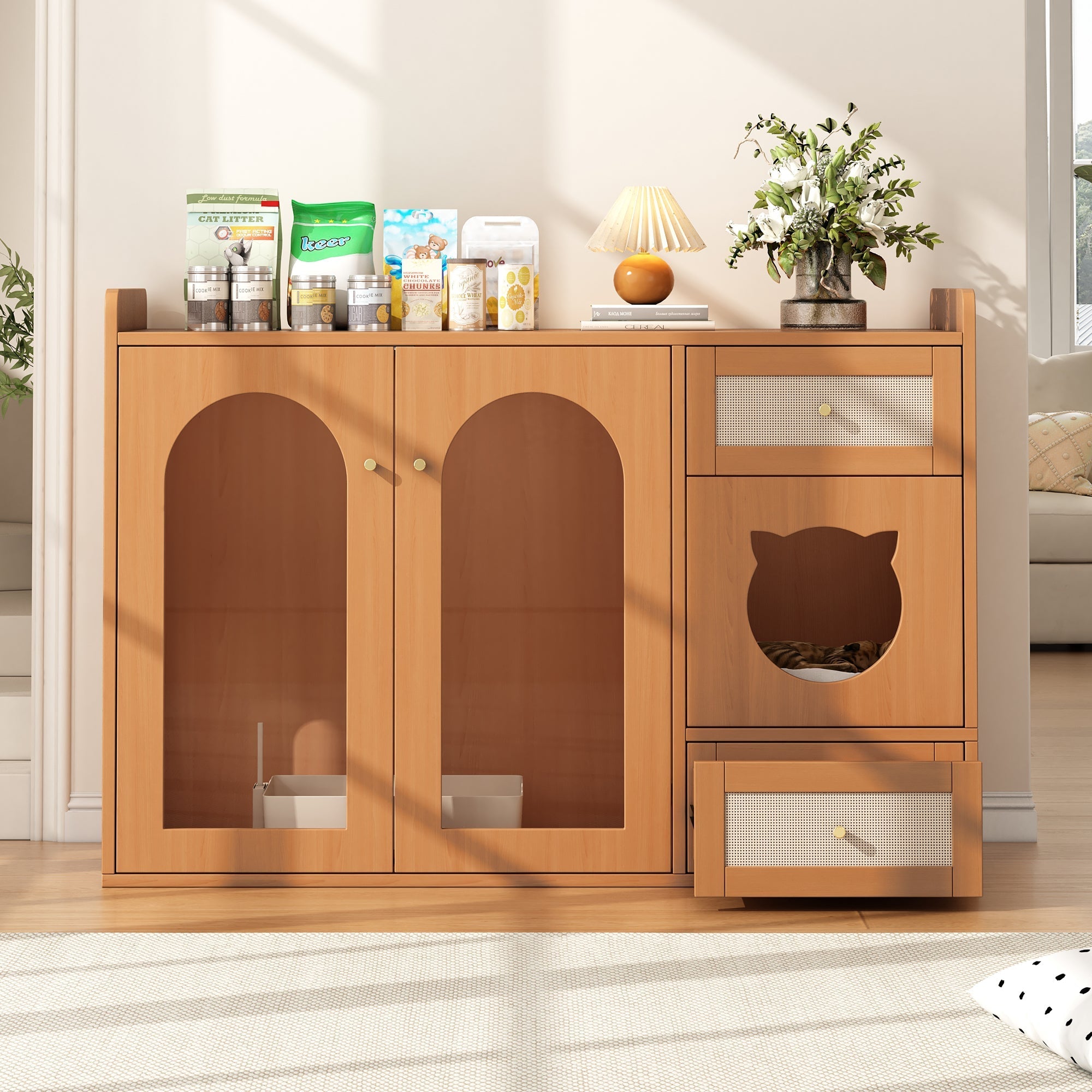 Cat House Litter Box Cabinet Multi-purpose with Food Bowls and Storage, Walnut Color