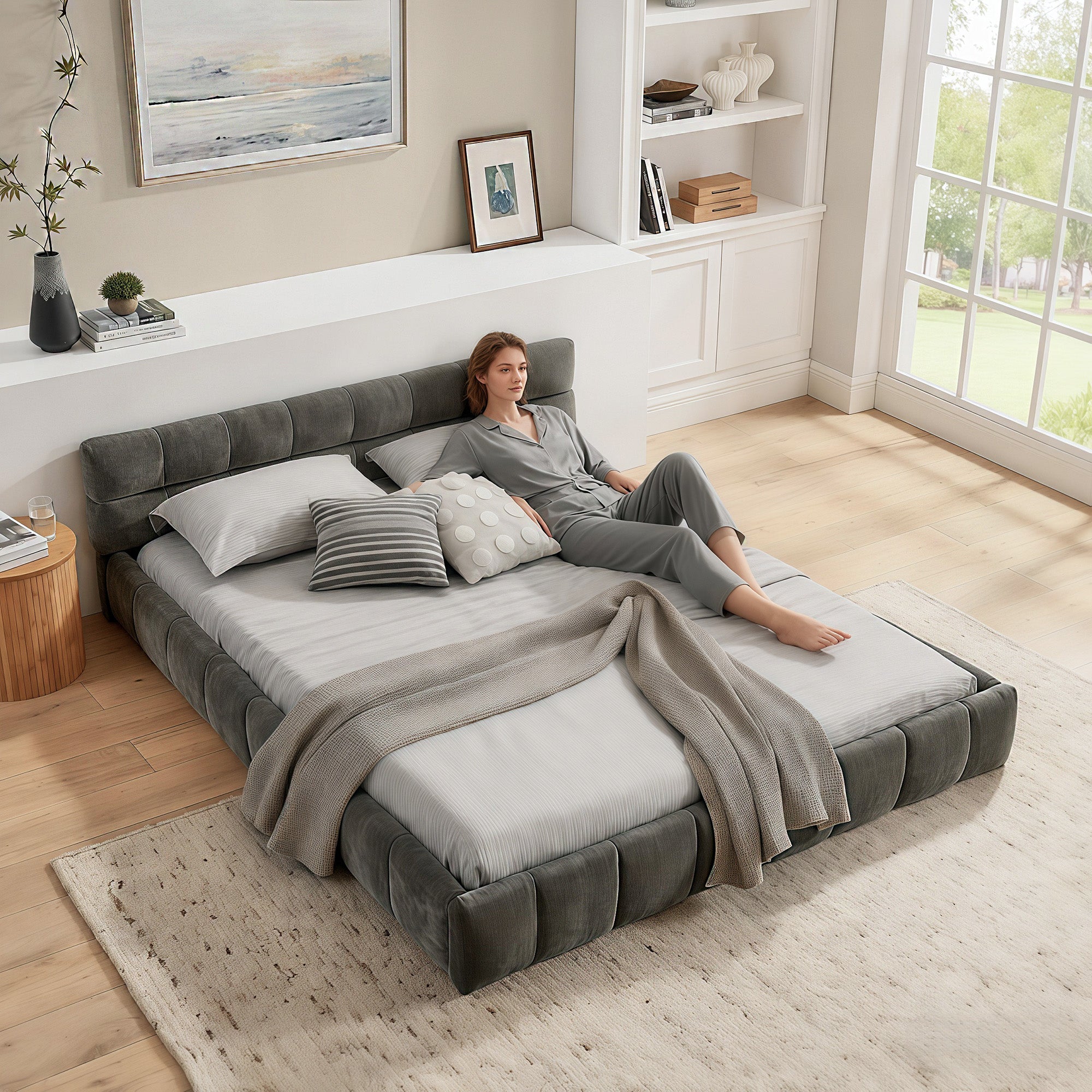 Double Bed 140x200cm Quilted Chenille Cover Sturdy Frame, Dark Grey