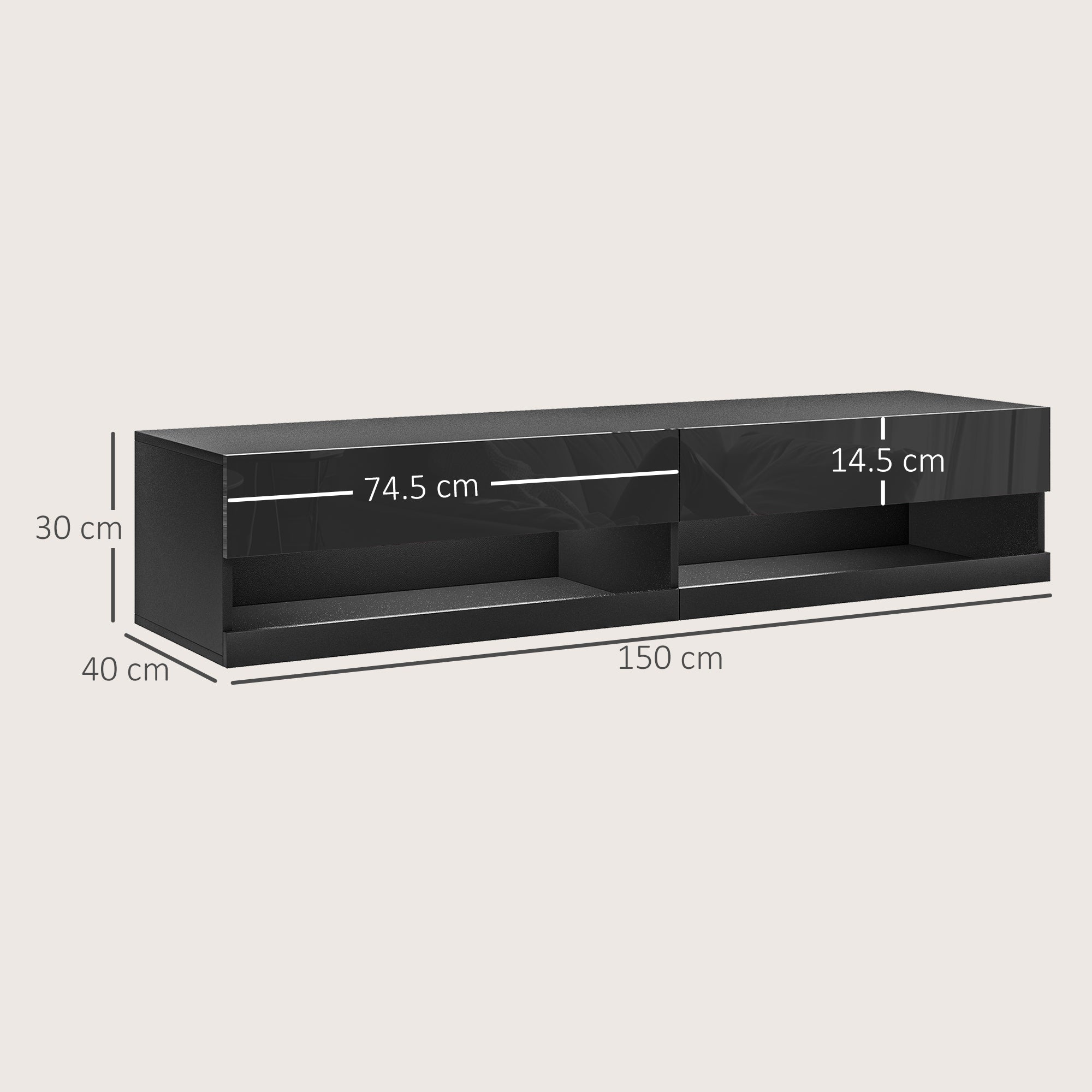 Floating TV Unit Wall Mounted Cabinet for TVs up to 65" with LED Lights, Black