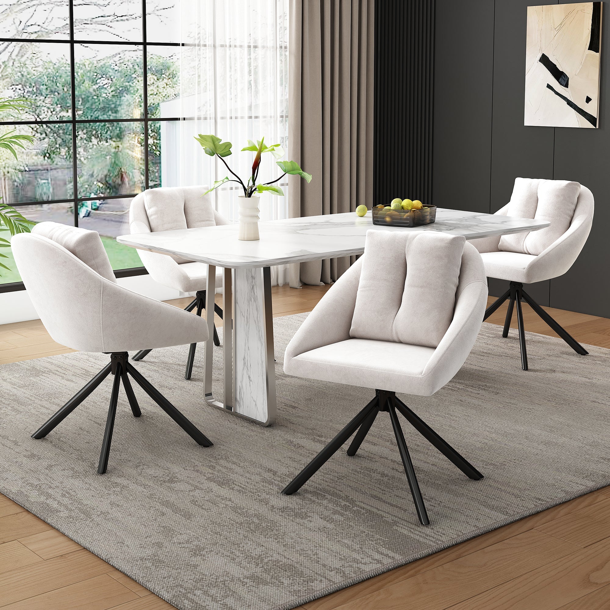 Swivel Dining Chair Set of 6 with Ergonomic Design and Breathable Fabric, Beige Velvet