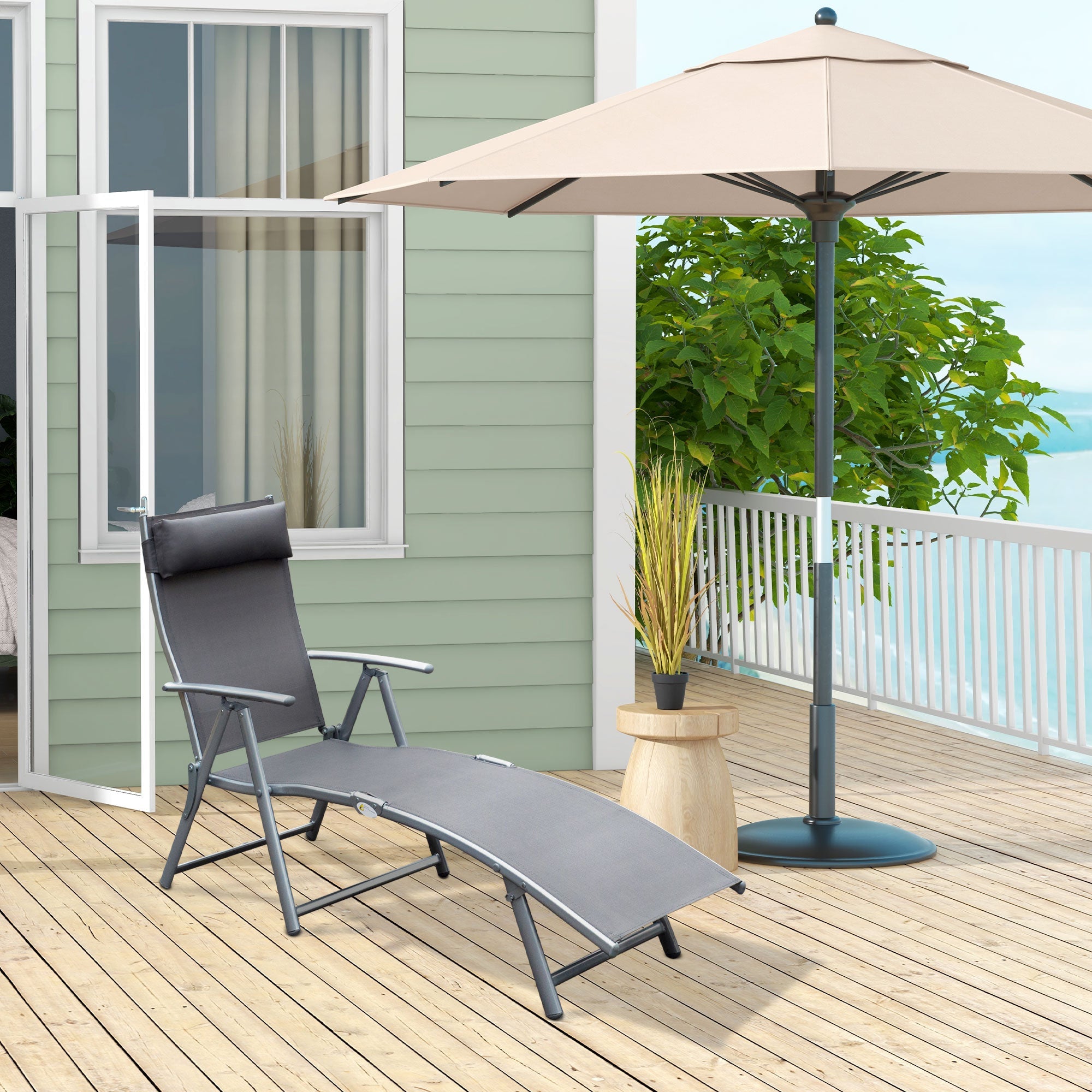 Folding Sun Lounger Deck Chair with Cushion, 7-Position Adjustable - Grey