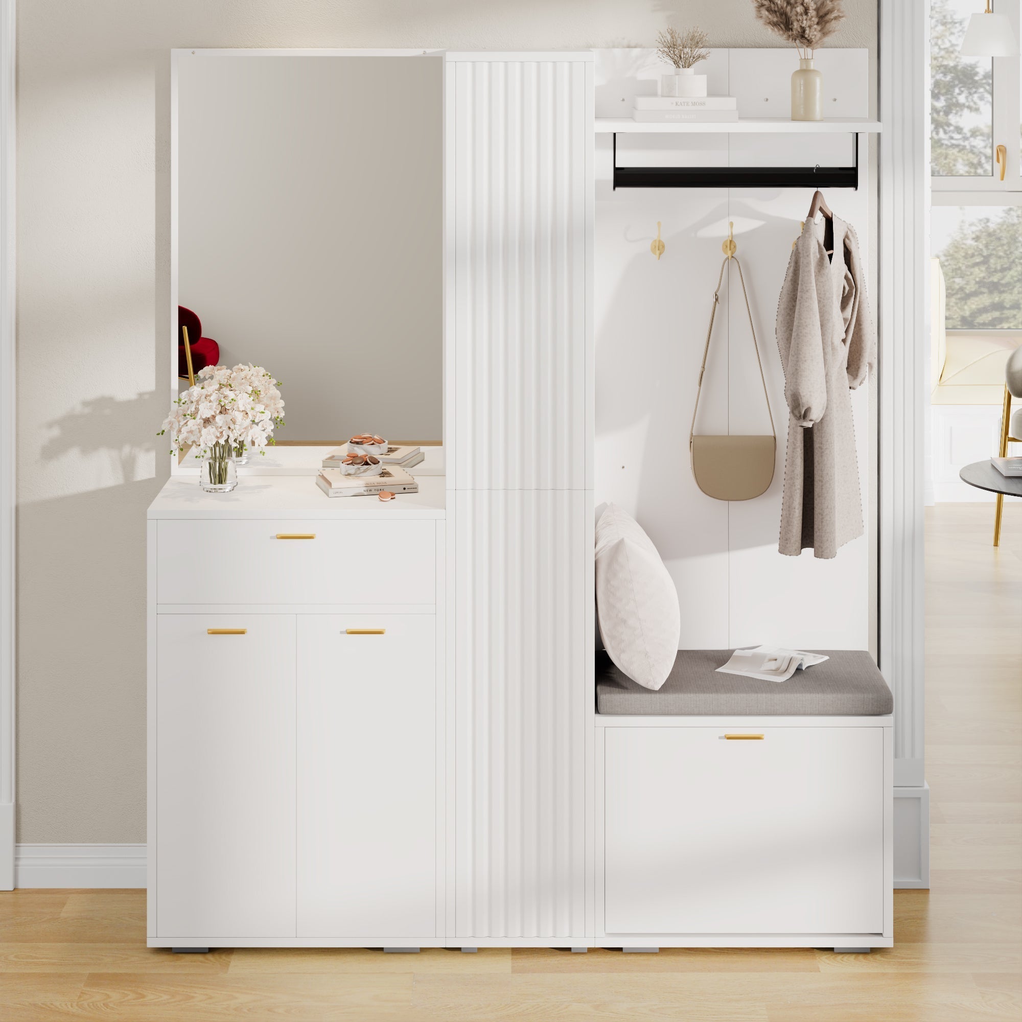 Wardrobe Set Compact Hallway Storage with Mirrored Sideboard Bench Shoe Rack 150x36x180 cm White