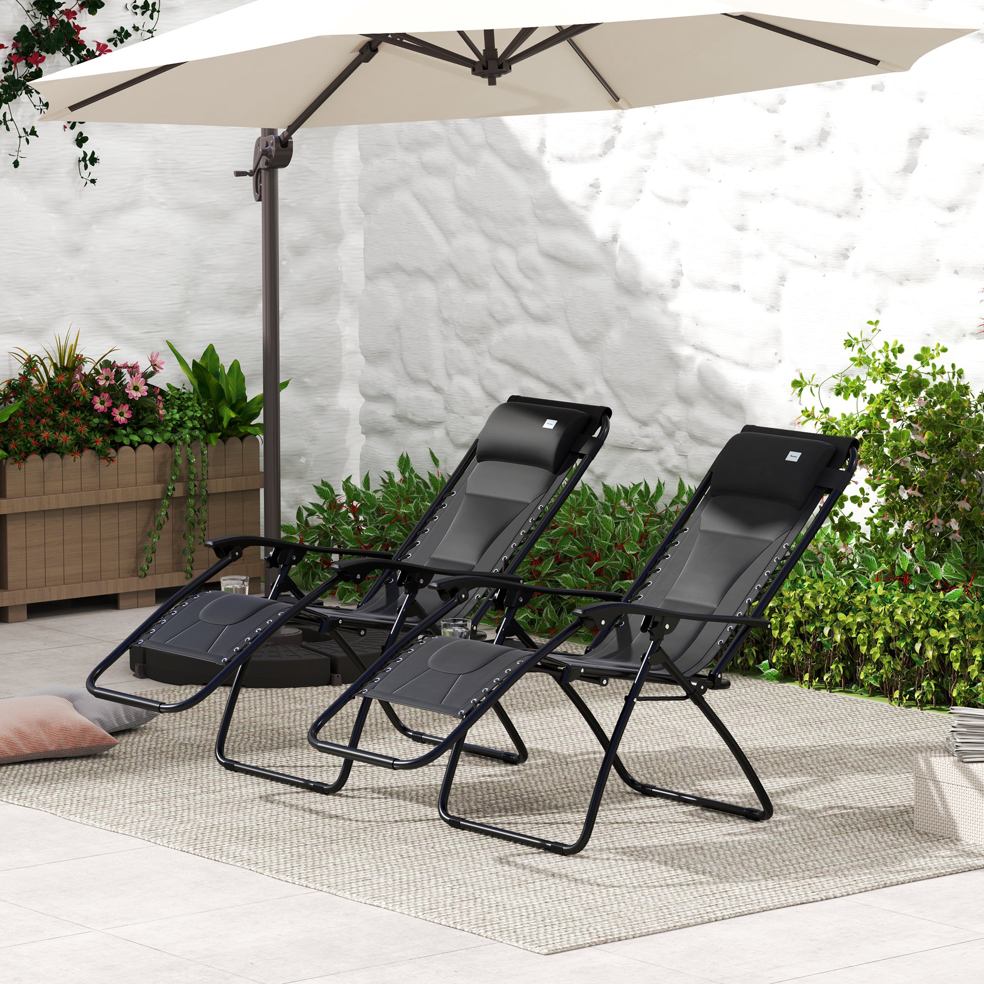 Zero Gravity Lounger Chair Set of 2, Folding Reclining with Padded Seat and Cup Holder, Black