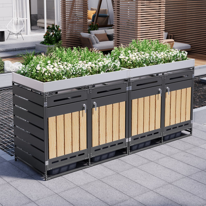 Set of 4 Bin Storage Units with Planter Boxes and Locking Garden Cabinet, Iron with Vertical Wood Grain Panels