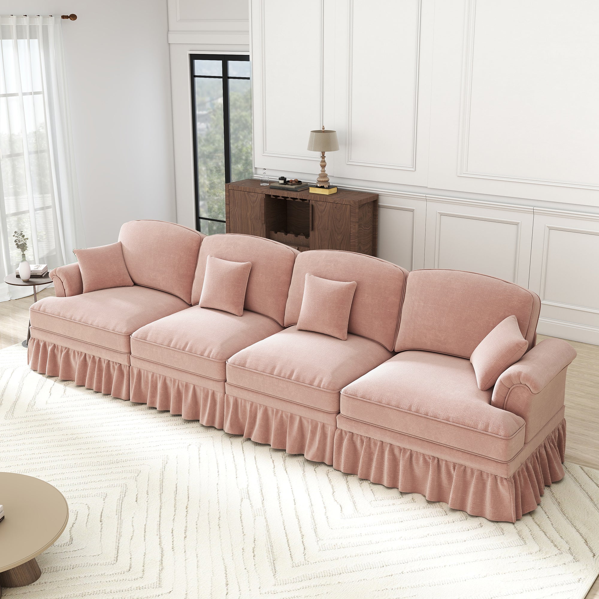 Large 4-Seater Sofa Mid-Century Style Spindle Legs Chenille Pink
