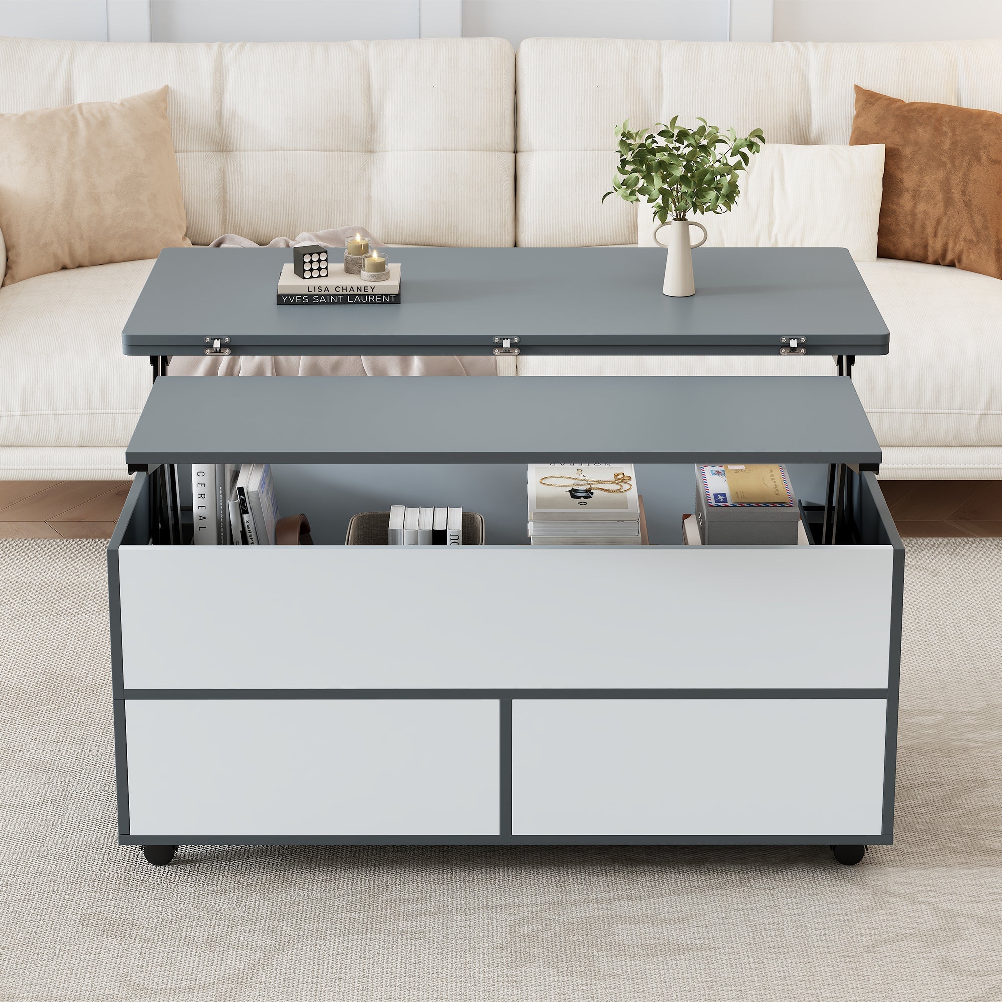 Coffee Table, 100x98x65cm Height-Adjustable Multifunctional with Hidden Storage & Wheels, Grey and White Splices