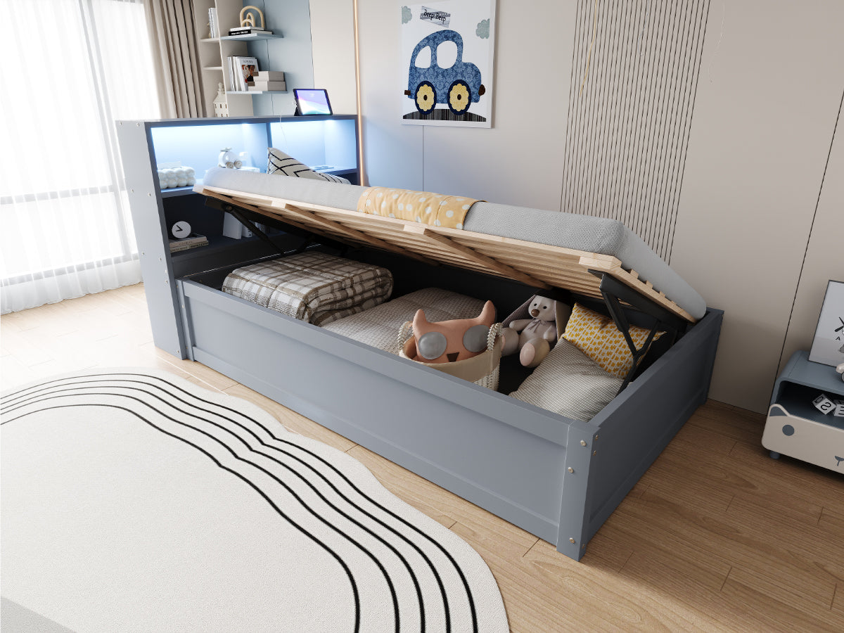 Sofa Bed 90*200, Hydraulic with Storage & Light Bar, Solid Wood, Gray