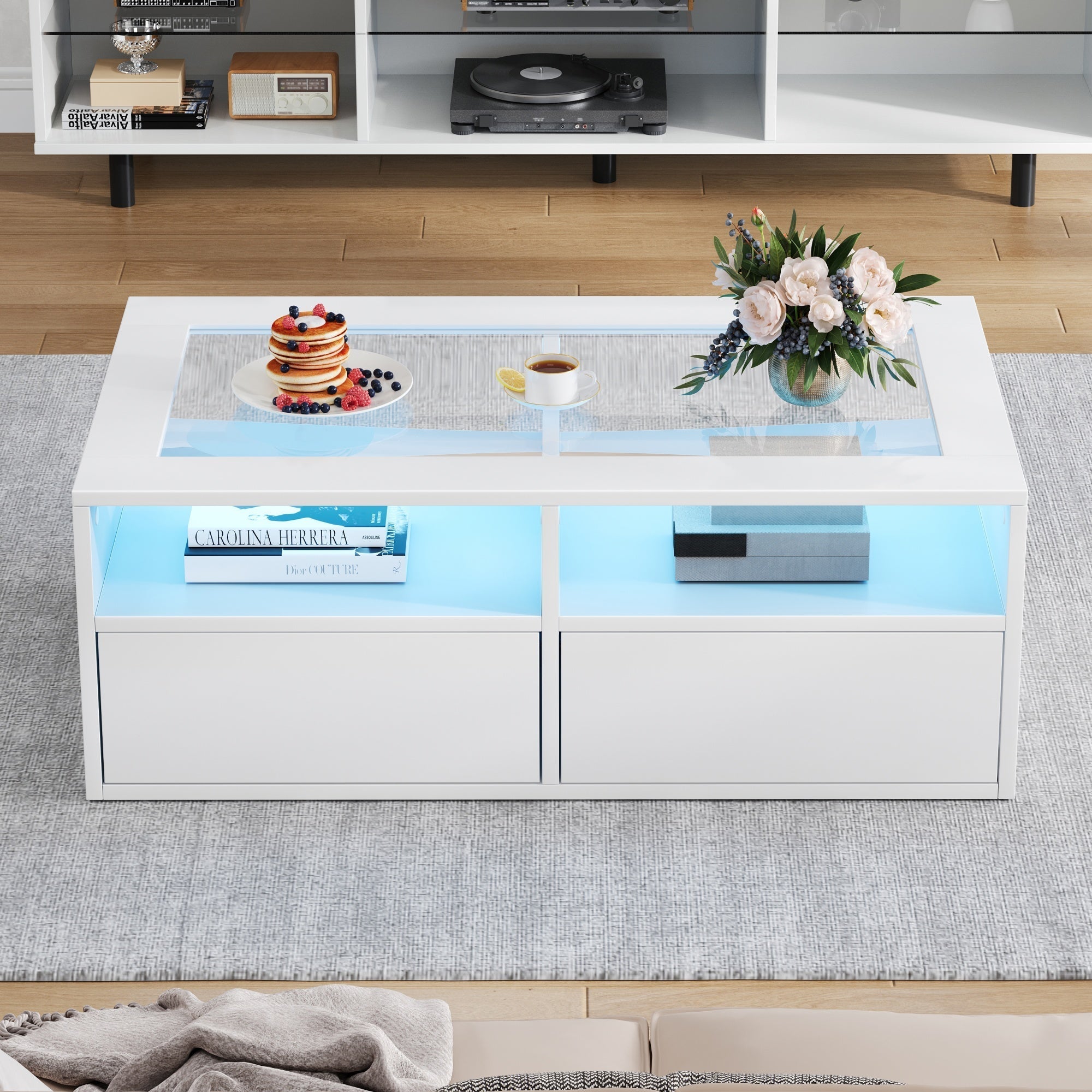 Coffee Table with LED Light and 2 Drawers, Glass and White